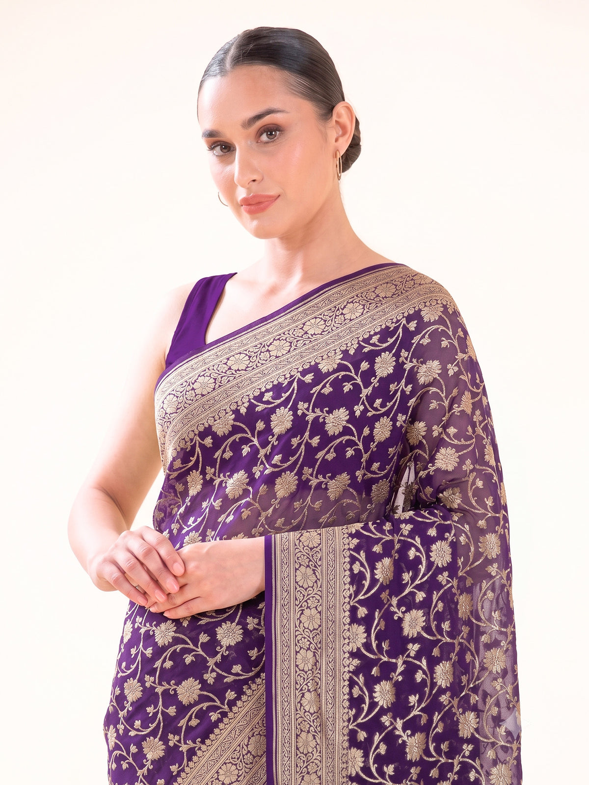 Purple Floral Jaal Khaddi Georgette Handloom Banarasi Saree - Sacred Weaves