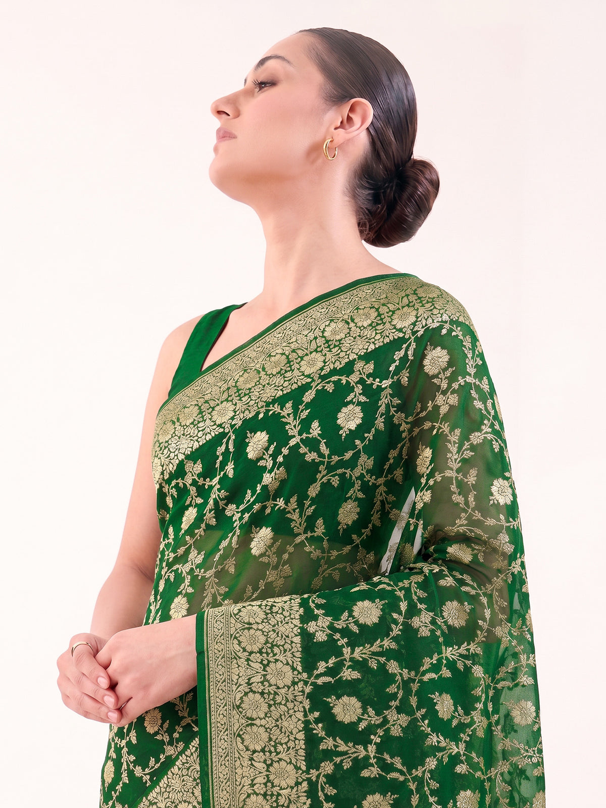 Bottle Green Zari Jaal Khaddi Georgette Handloom Banarasi Saree - Sacred Weaves