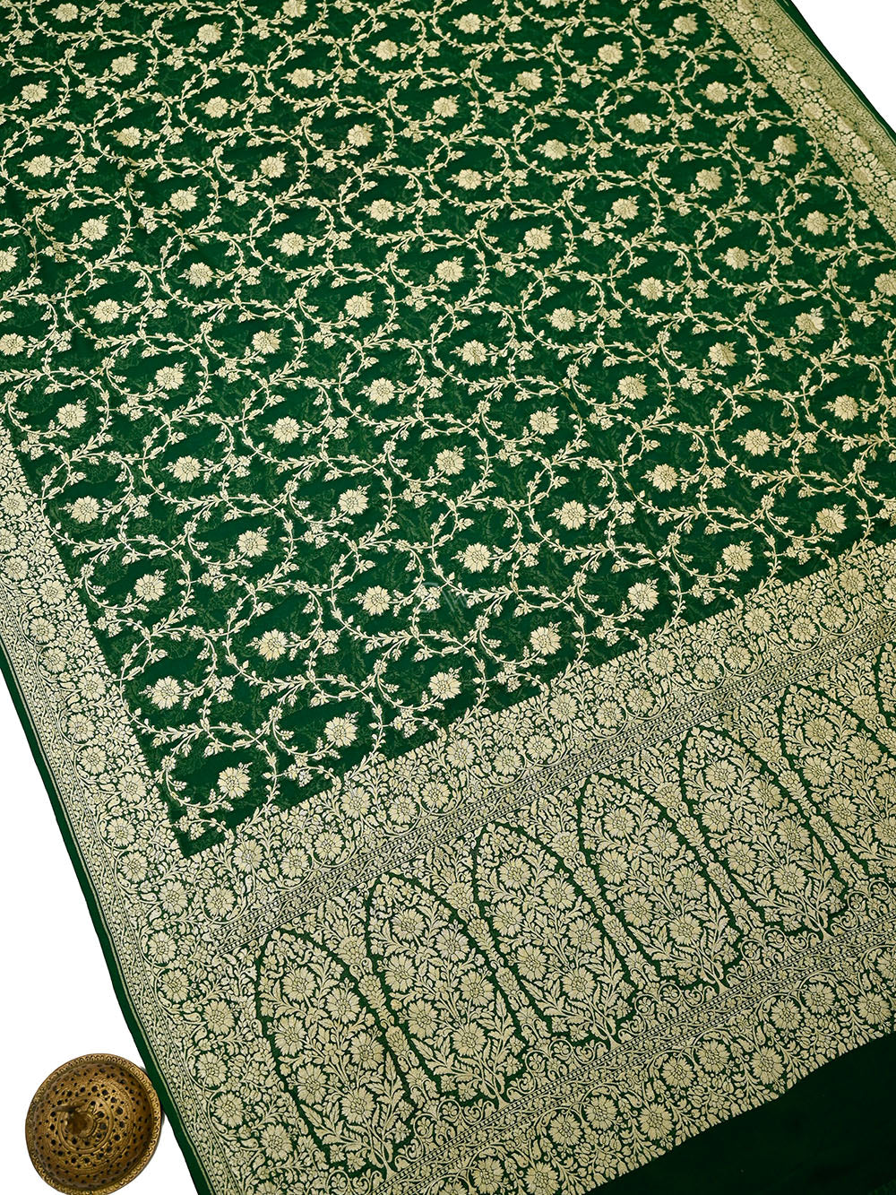 Bottle Green Zari Jaal Khaddi Georgette Handloom Banarasi Saree - Sacred Weaves
