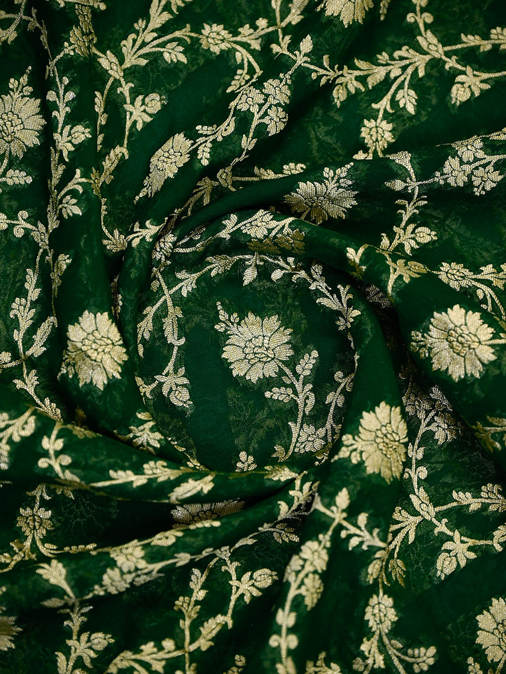 Bottle Green Zari Jaal Khaddi Georgette Handloom Banarasi Saree - Sacred Weaves