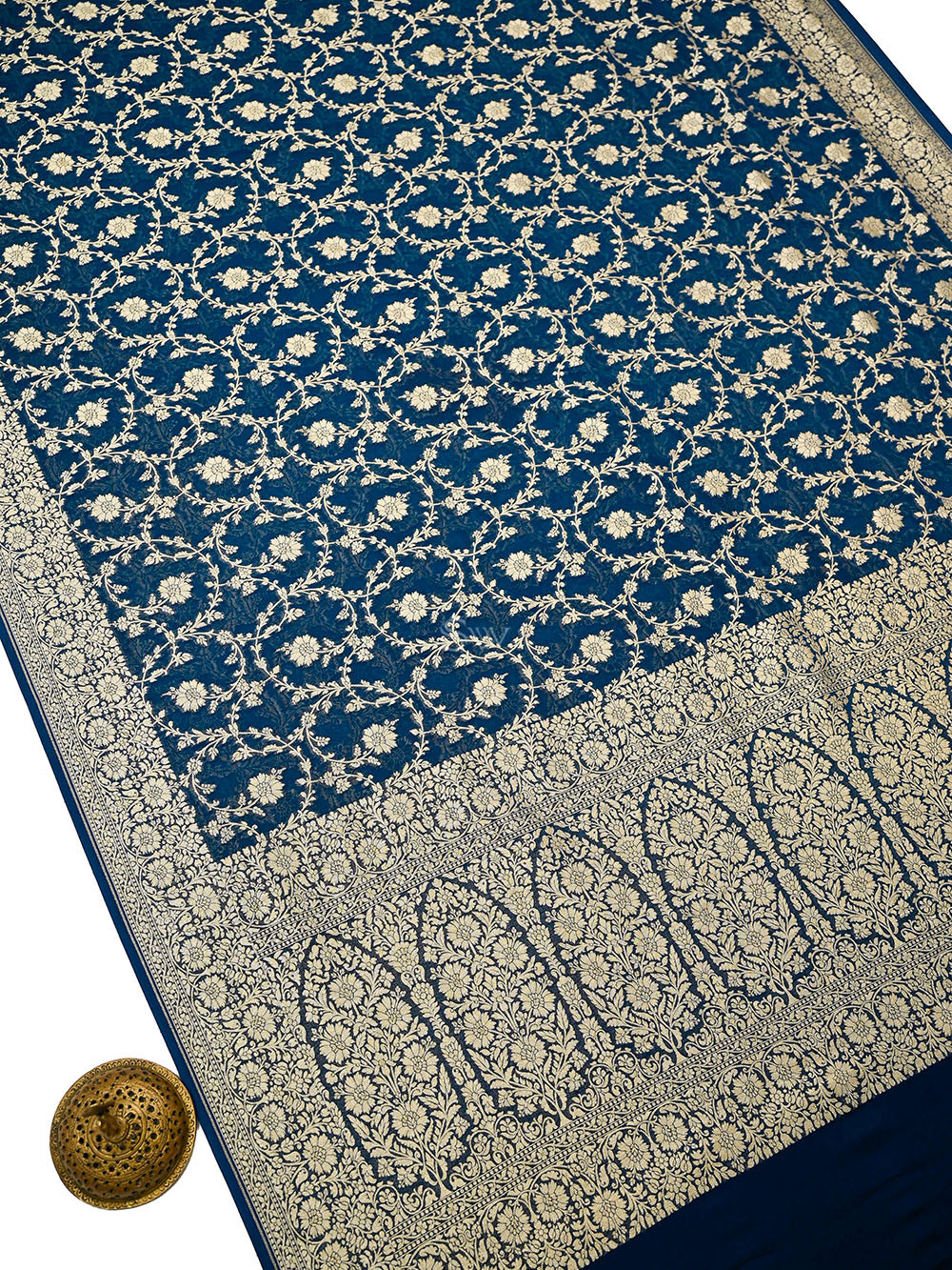 Midnight Blue Floral Jaal Khaddi Georgette Handloom Banarasi Saree - Sacred Weaves