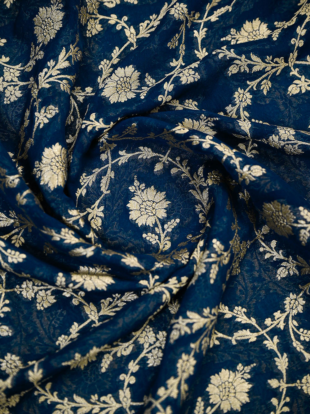 Midnight Blue Floral Jaal Khaddi Georgette Handloom Banarasi Saree - Sacred Weaves
