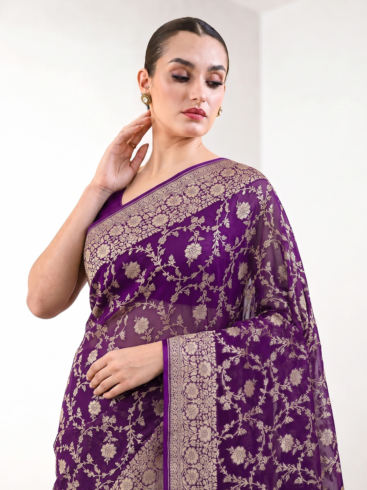 Purple Zari Jaal Khaddi Georgette Handloom Banarasi Saree - Sacred Weaves