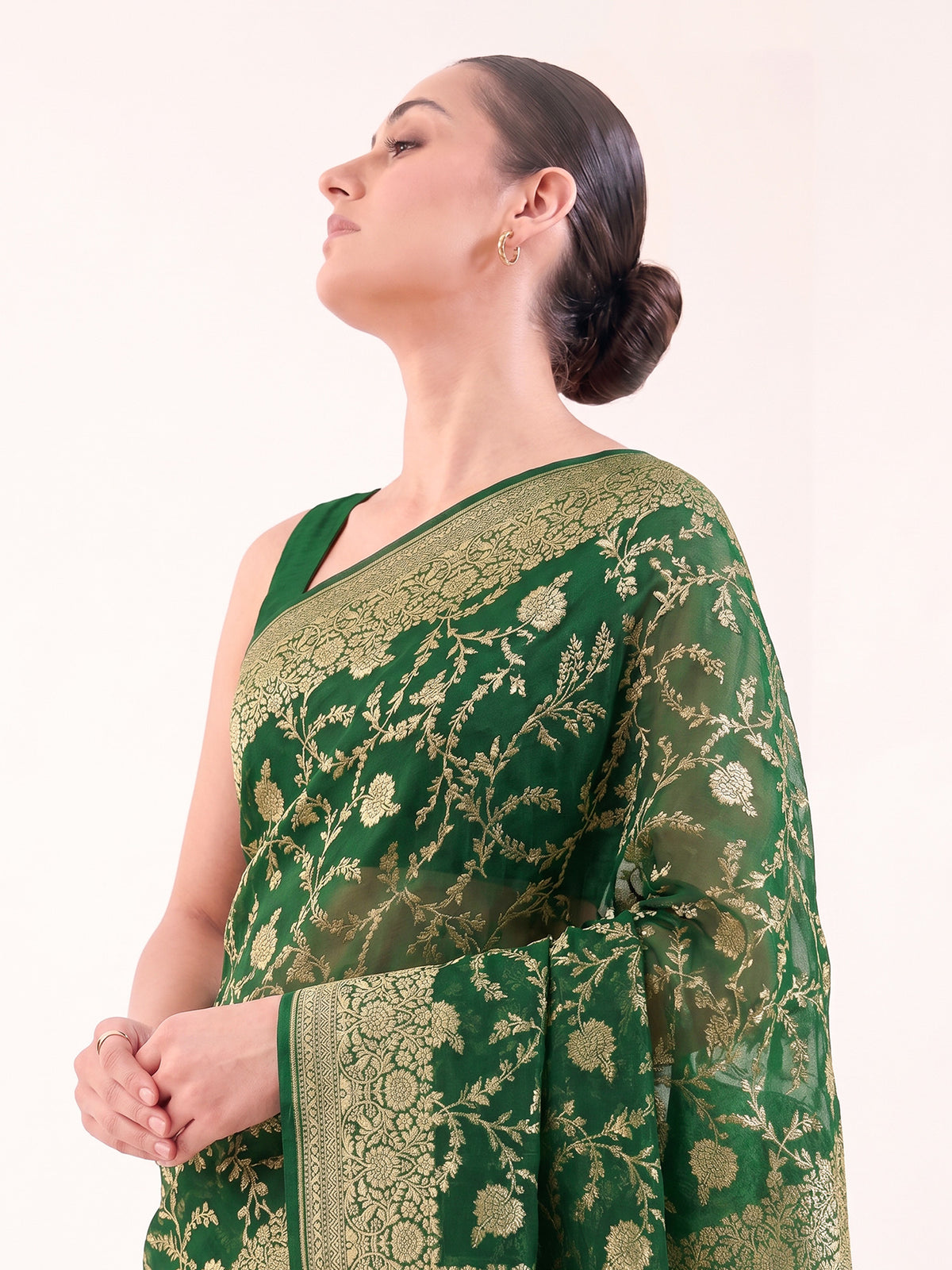 Bottle Green Floral Jaal Khaddi Georgette Handloom Banarasi Saree - Sacred Weaves