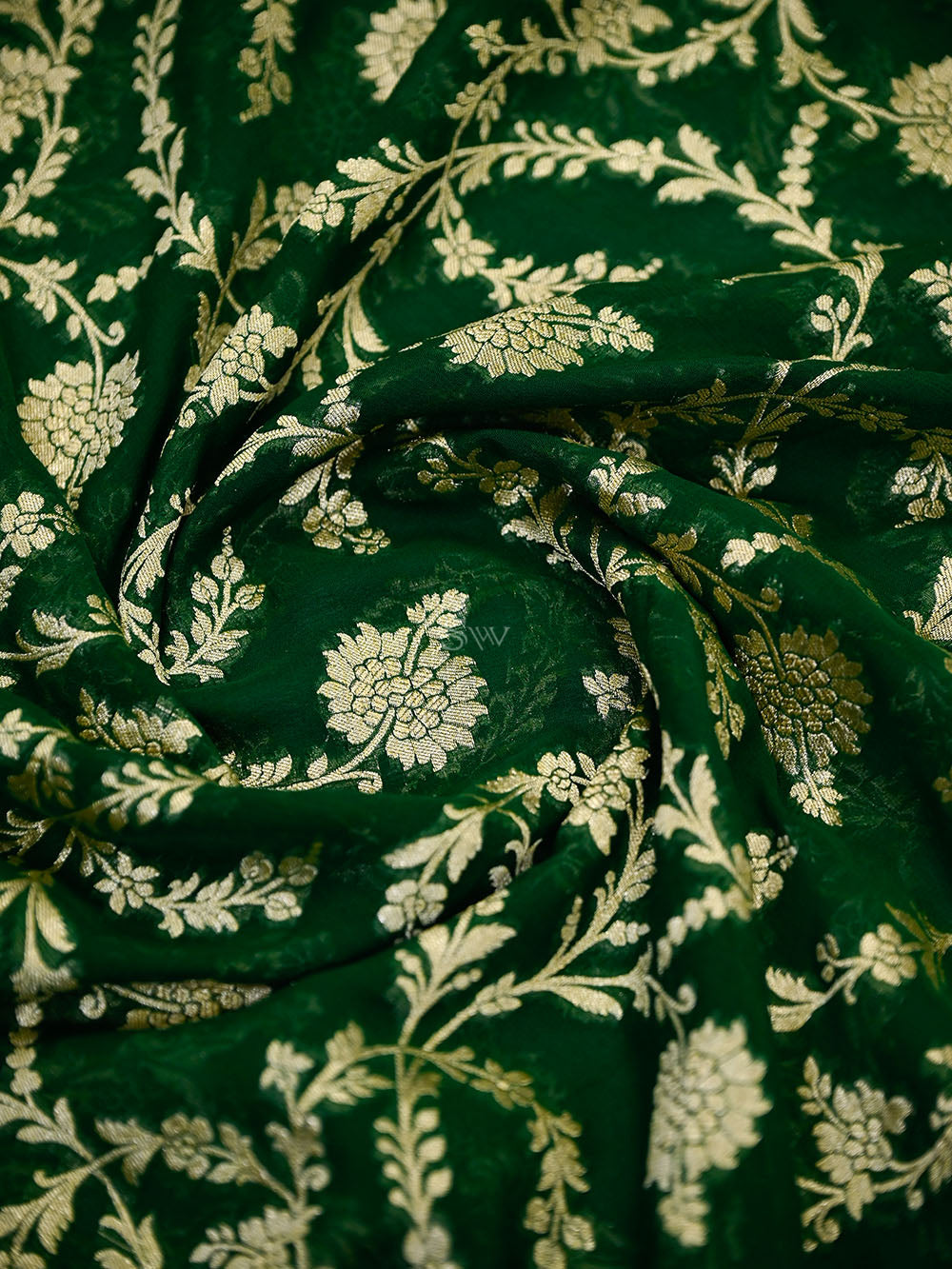 Bottle Green Floral Jaal Khaddi Georgette Handloom Banarasi Saree - Sacred Weaves