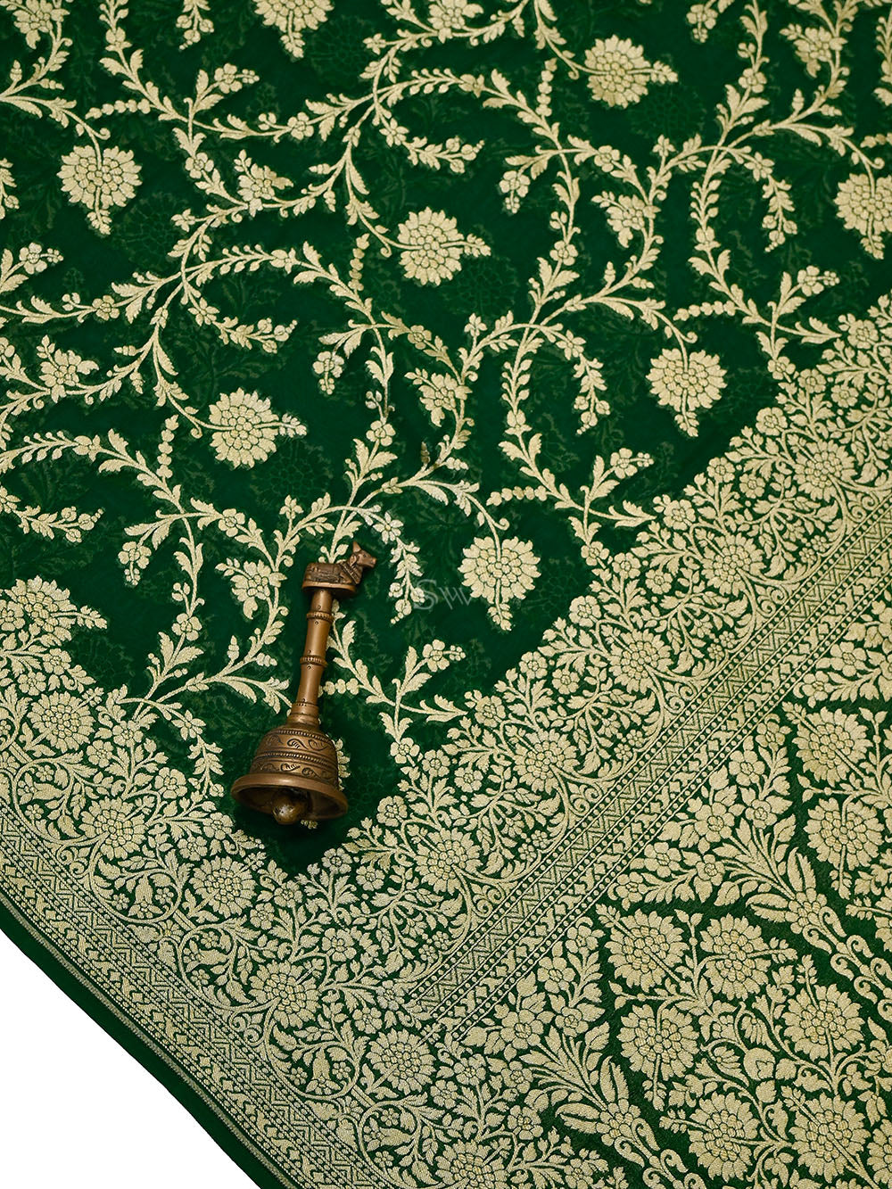 Bottle Green Floral Jaal Khaddi Georgette Handloom Banarasi Saree - Sacred Weaves