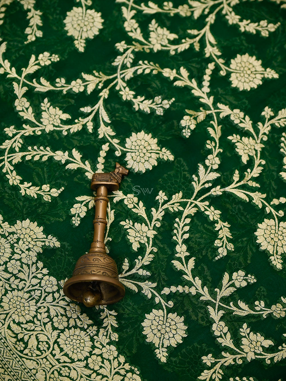Bottle Green Floral Jaal Khaddi Georgette Handloom Banarasi Saree - Sacred Weaves