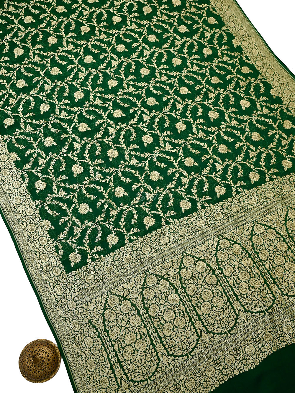 Bottle Green Floral Jaal Khaddi Georgette Handloom Banarasi Saree - Sacred Weaves