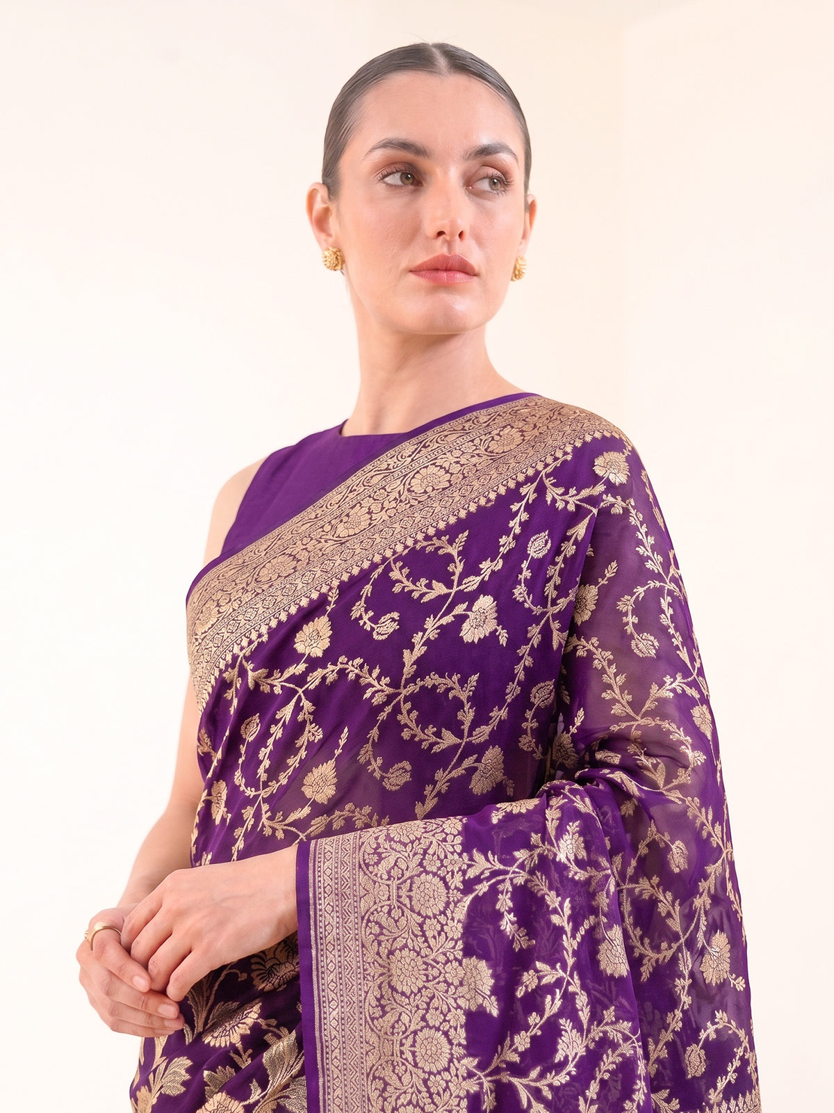Purple Floral Zari Jaal Khaddi Georgette Handloom Banarasi Saree - Sacred Weaves