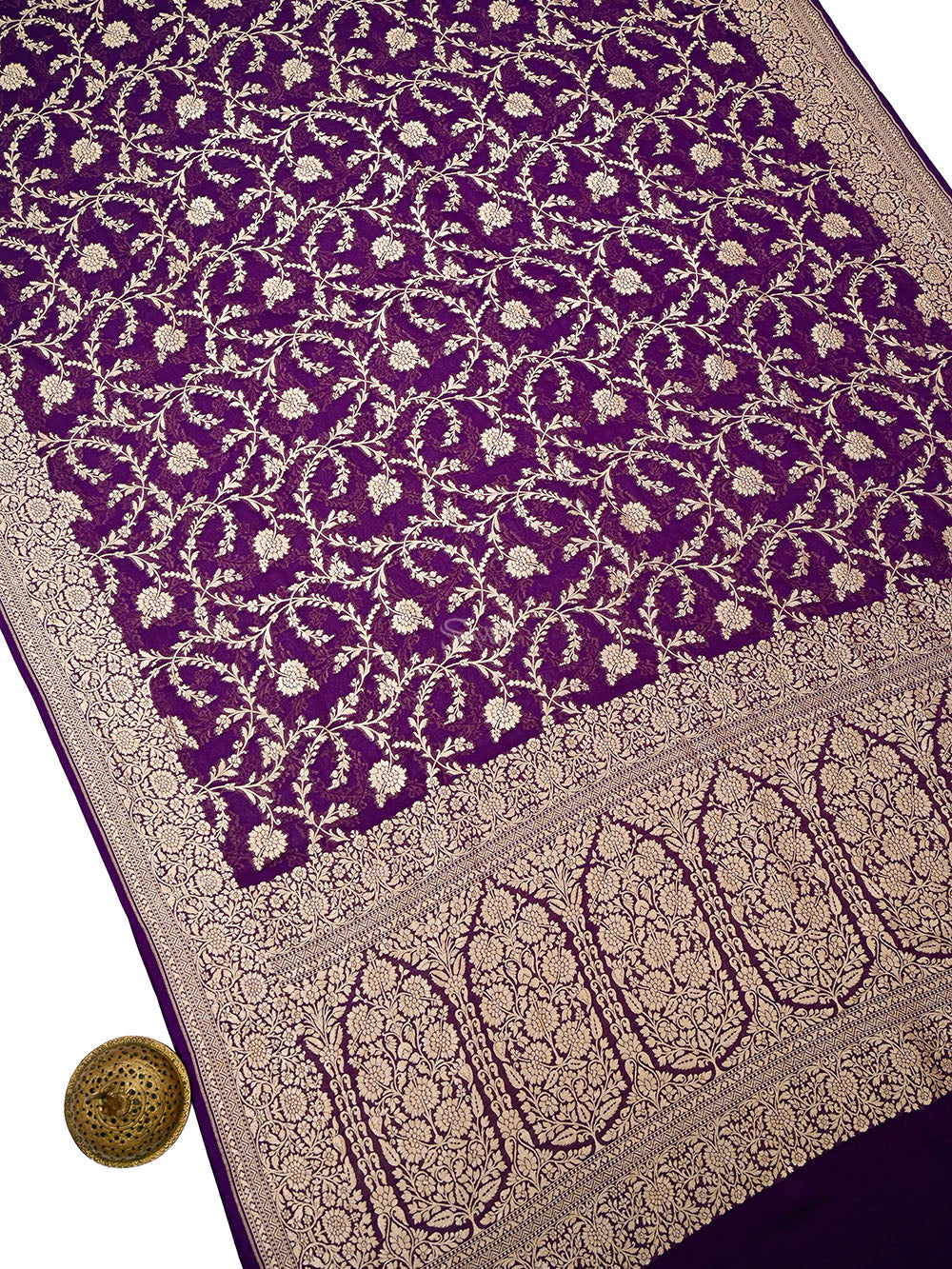 Purple Floral Zari Jaal Khaddi Georgette Handloom Banarasi Saree - Sacred Weaves