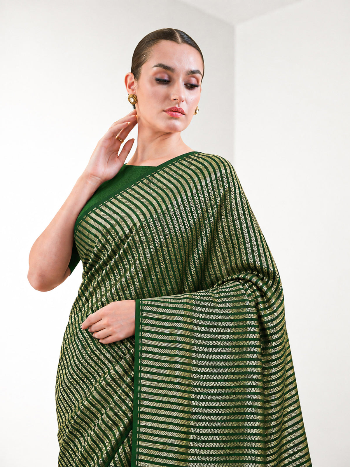 Bottle Green Zari Stripe Crepe Silk Handloom Banarasi Saree - Sacred Weaves