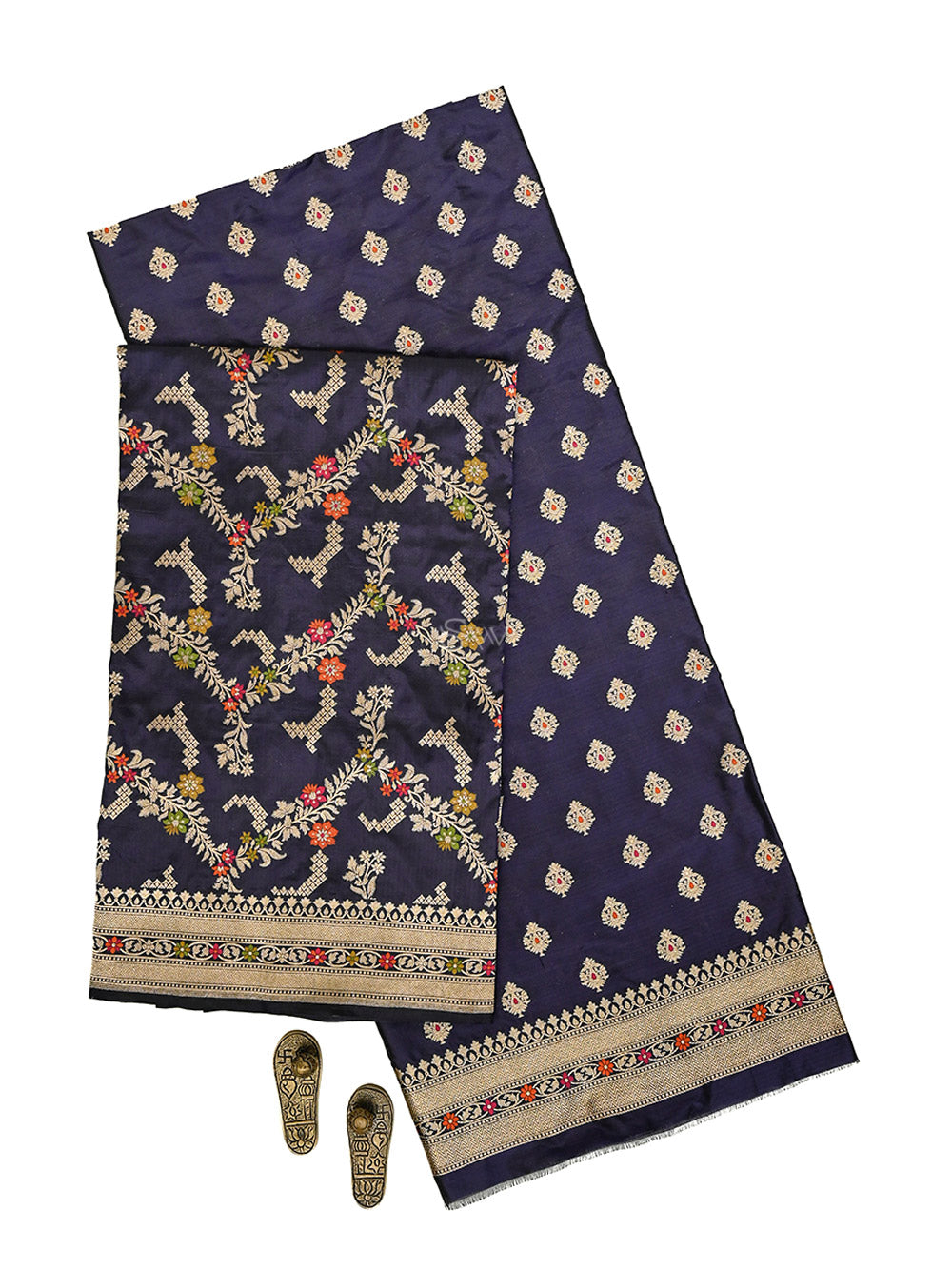 Navy Blue Meenakari Booti Katan Silk Handloom Banarasi Suit - Sacred Weaves