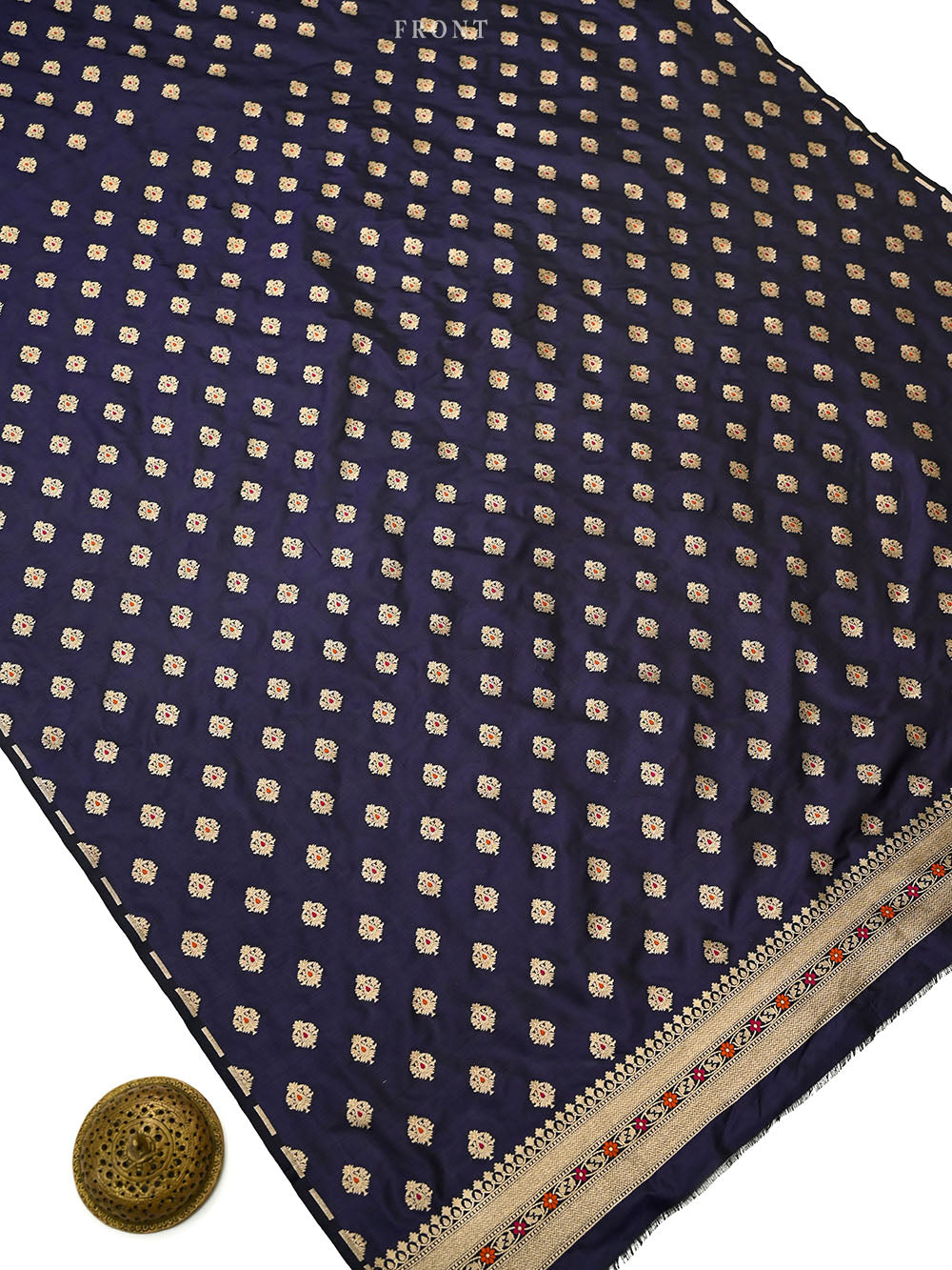 Navy Blue Meenakari Booti Katan Silk Handloom Banarasi Suit - Sacred Weaves
