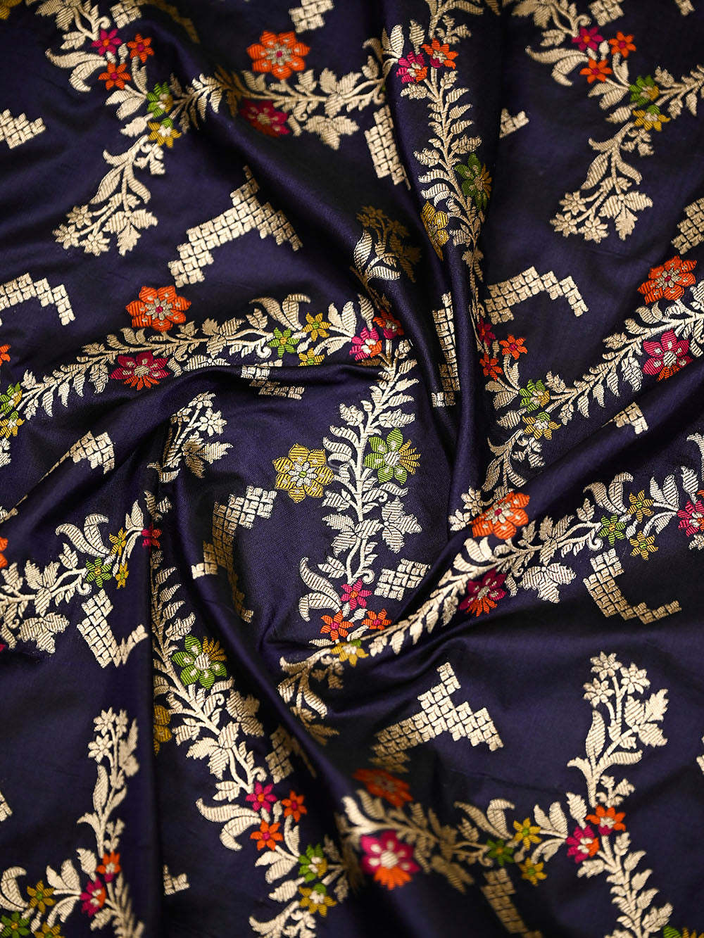Navy Blue Meenakari Booti Katan Silk Handloom Banarasi Suit - Sacred Weaves