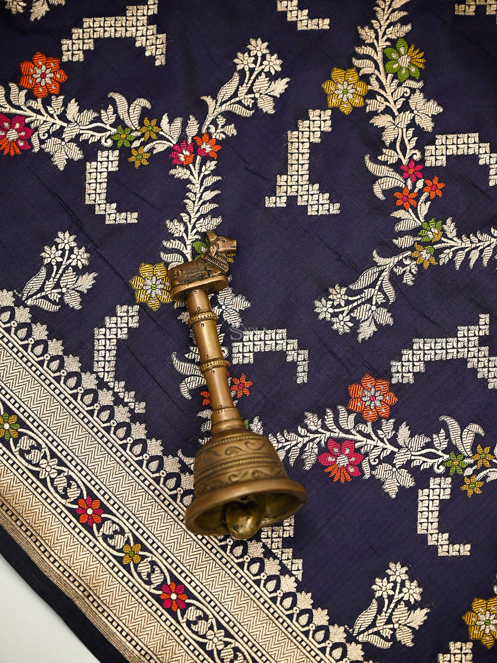 Navy Blue Meenakari Booti Katan Silk Handloom Banarasi Suit - Sacred Weaves