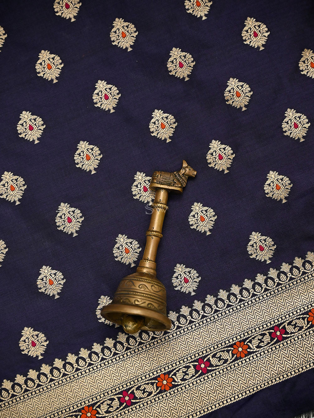 Navy Blue Meenakari Booti Katan Silk Handloom Banarasi Suit - Sacred Weaves
