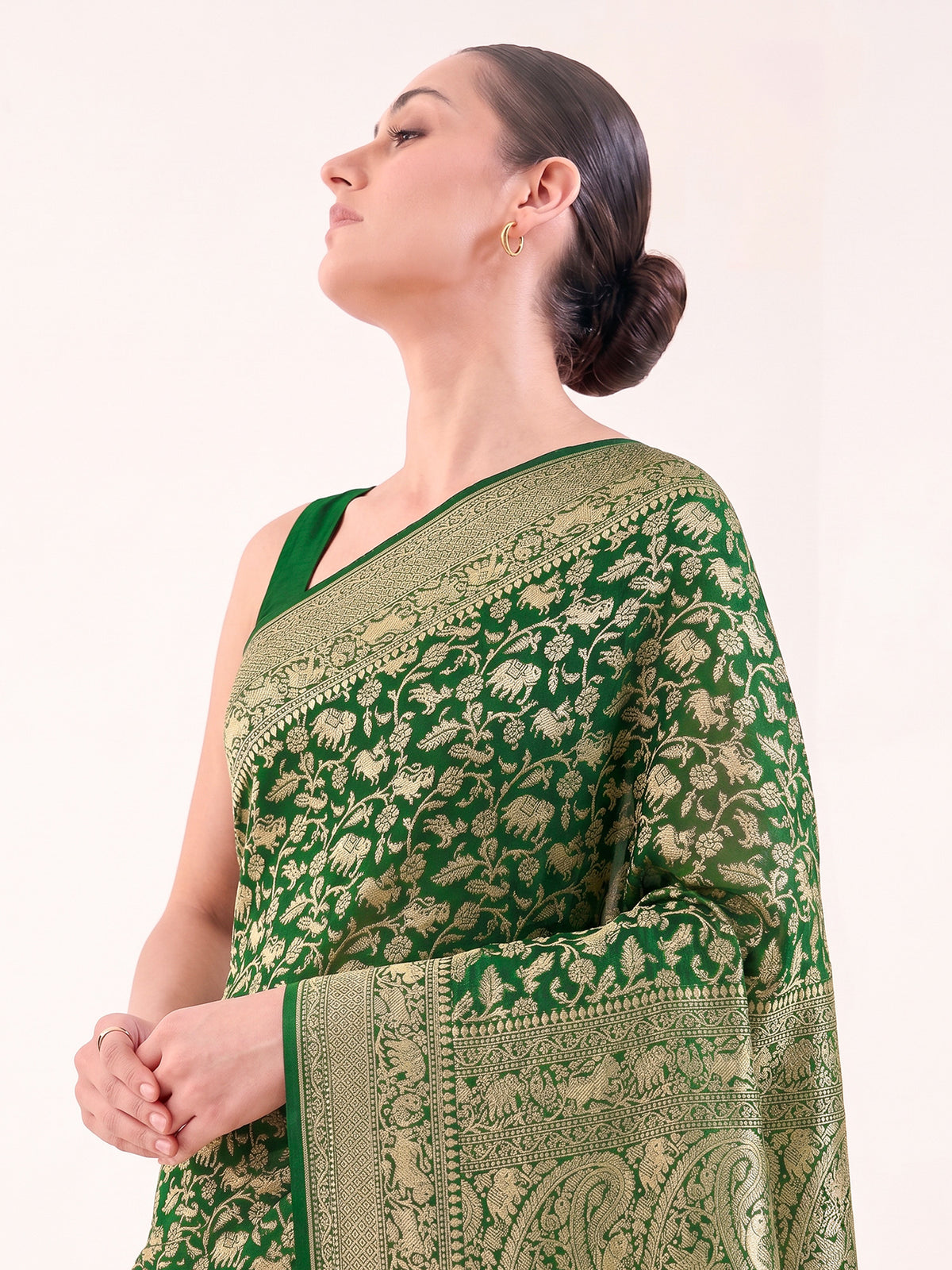Bottle Green Shikargah Zari Jaal Khaddi Georgette Handloom Banarasi Saree - Sacred Weaves