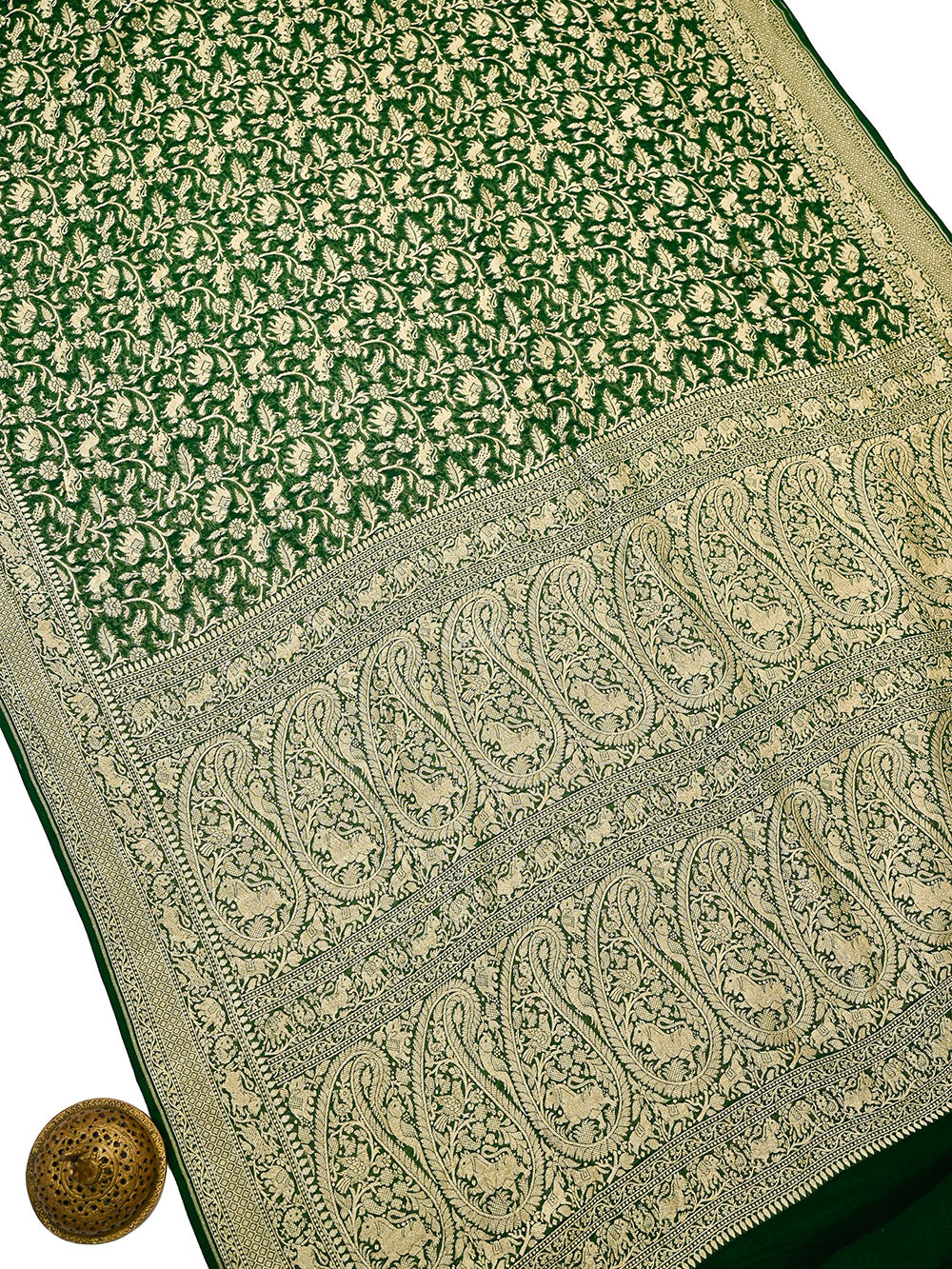 Bottle Green Shikargah Zari Jaal Khaddi Georgette Handloom Banarasi Saree - Sacred Weaves