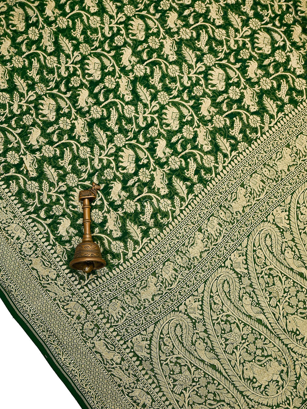 Bottle Green Shikargah Zari Jaal Khaddi Georgette Handloom Banarasi Saree - Sacred Weaves