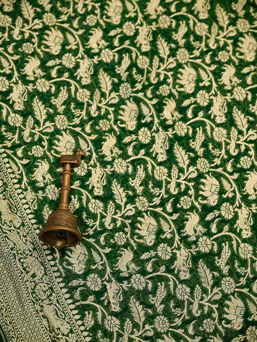 Bottle Green Shikargah Zari Jaal Khaddi Georgette Handloom Banarasi Saree - Sacred Weaves