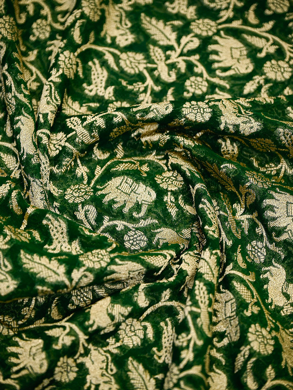 Bottle Green Shikargah Zari Jaal Khaddi Georgette Handloom Banarasi Saree - Sacred Weaves