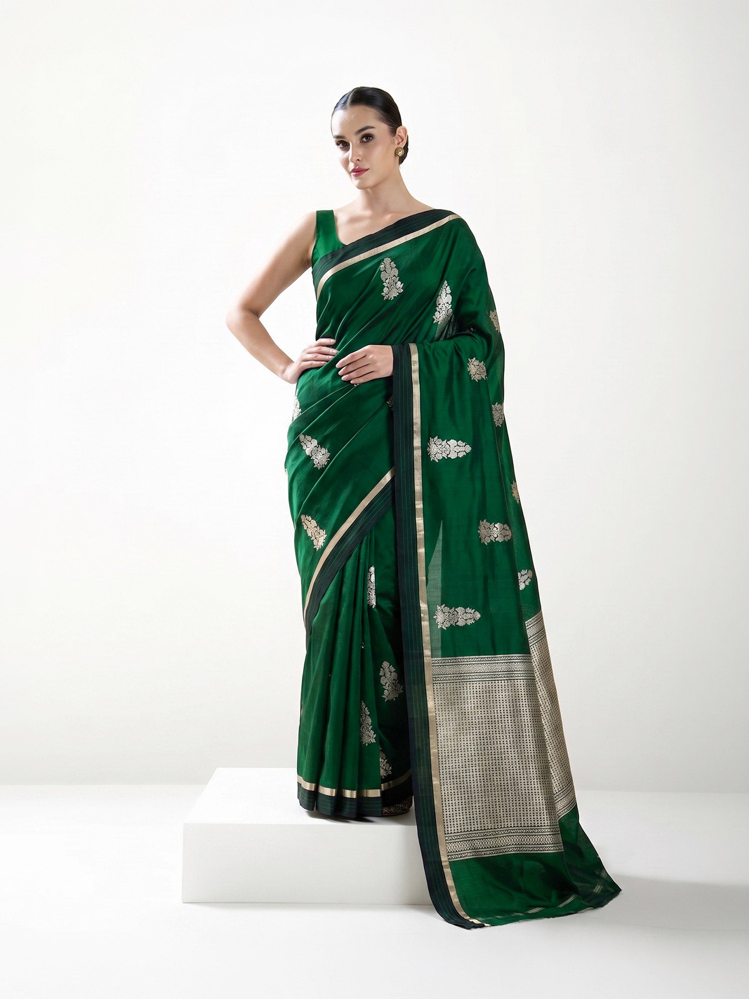 Bottle Green Boota Pure Silk Handloom Banarasi Saree - Sacred Weaves