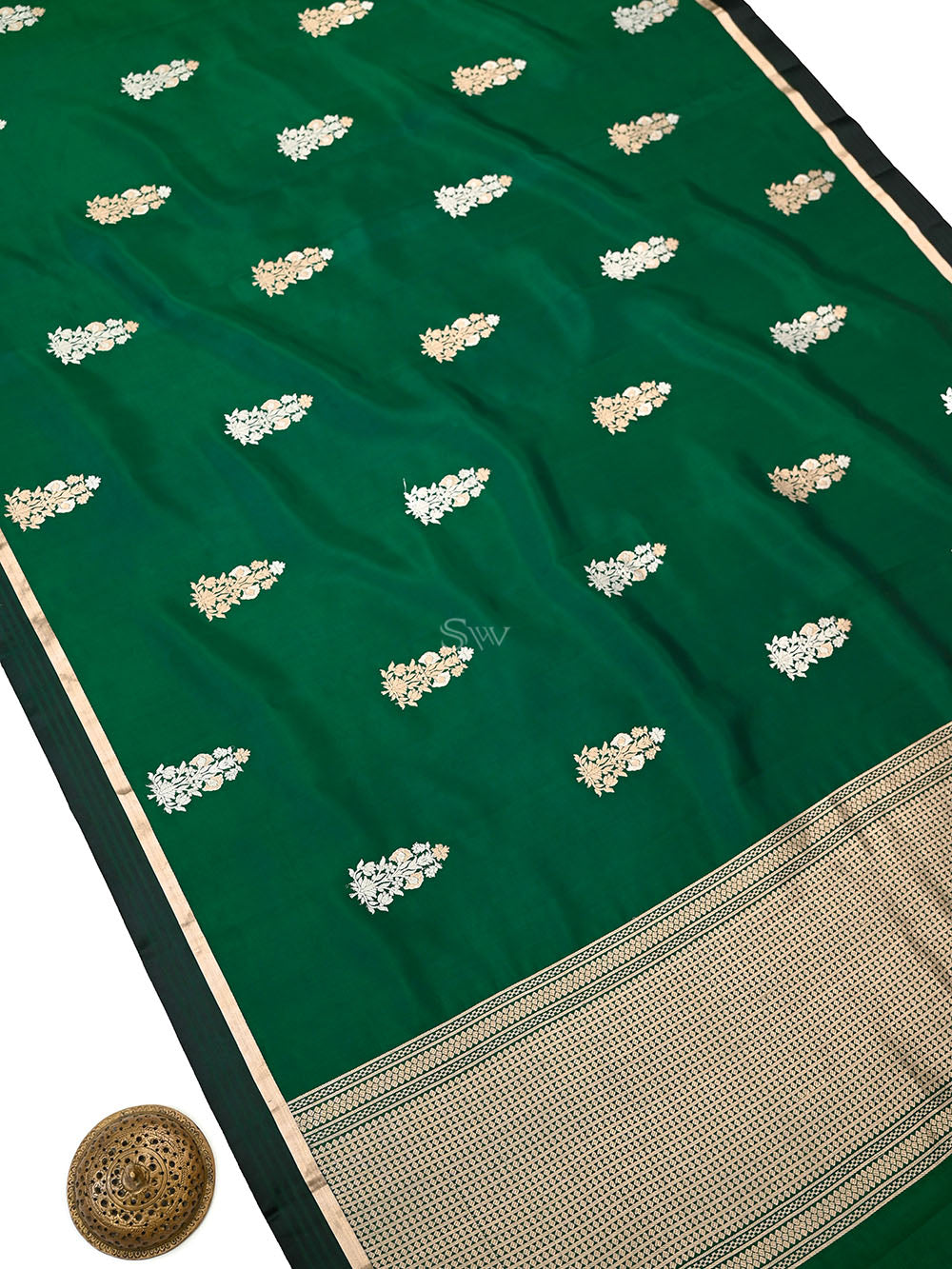 Bottle Green Boota Pure Silk Handloom Banarasi Saree - Sacred Weaves