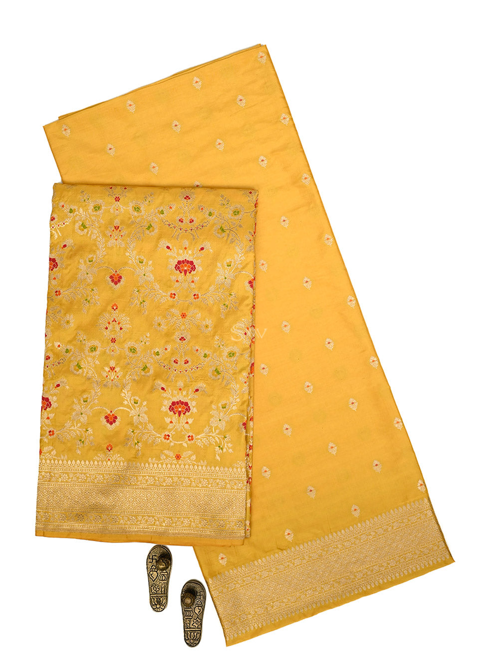 Yellow Meenakari Booti Katan Silk Handloom Banarasi Suit - Sacred Weaves