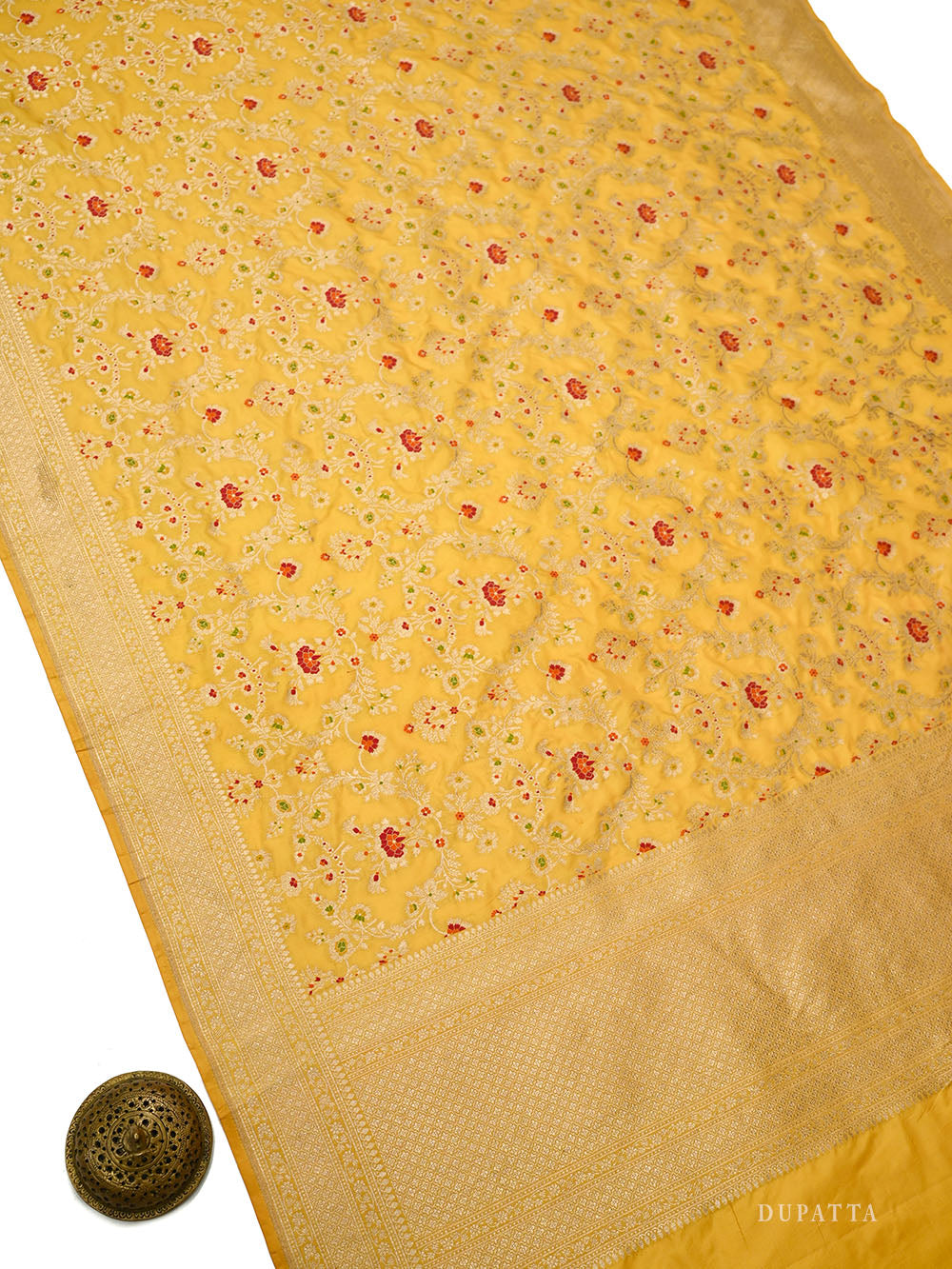 Yellow Meenakari Booti Katan Silk Handloom Banarasi Suit - Sacred Weaves
