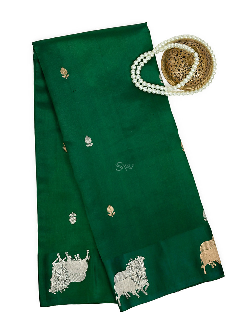 Bottle Green Booti Katan Silk Handloom Banarasi Saree - Sacred Weaves