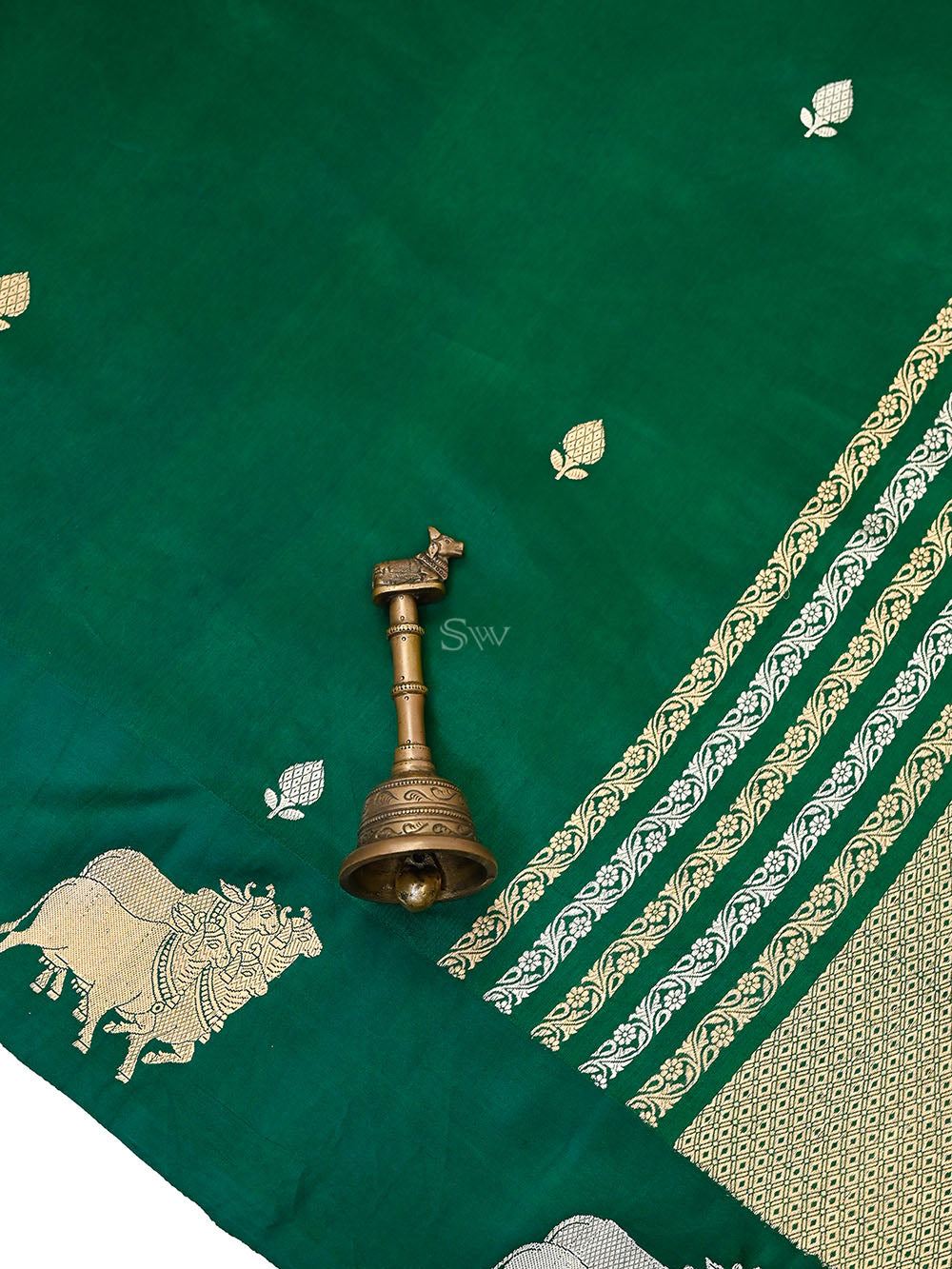 Bottle Green Booti Katan Silk Handloom Banarasi Saree - Sacred Weaves