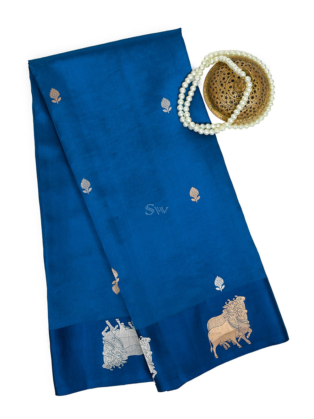 Blue Booti Katan Silk Handloom Banarasi Saree - Sacred Weaves