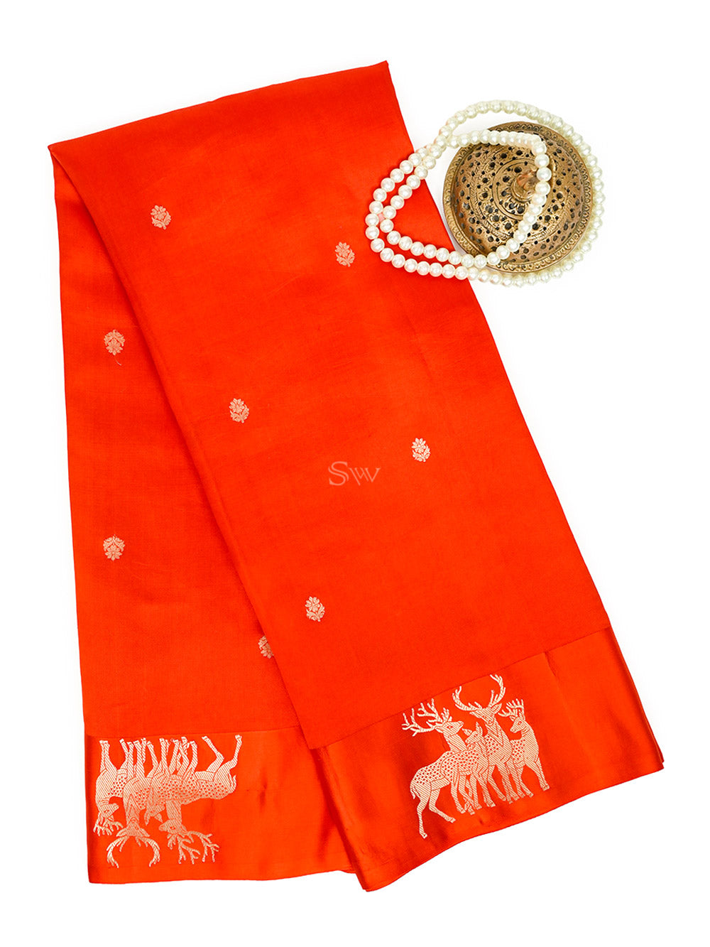 Dark Orange Booti Katan Silk Handloom Banarasi Saree - Sacred Weaves