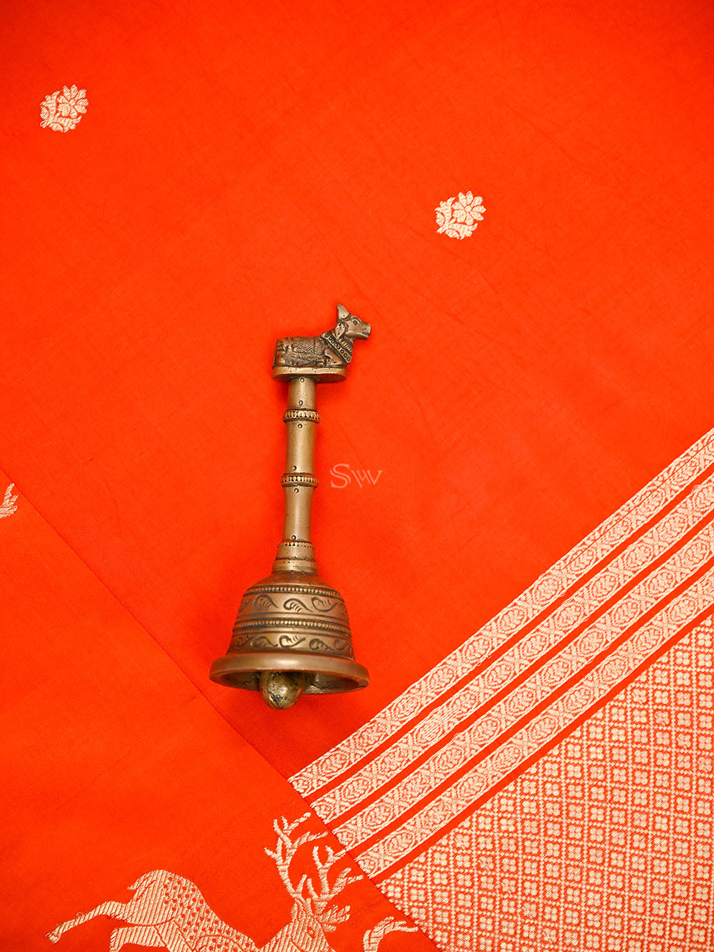 Dark Orange Booti Katan Silk Handloom Banarasi Saree - Sacred Weaves