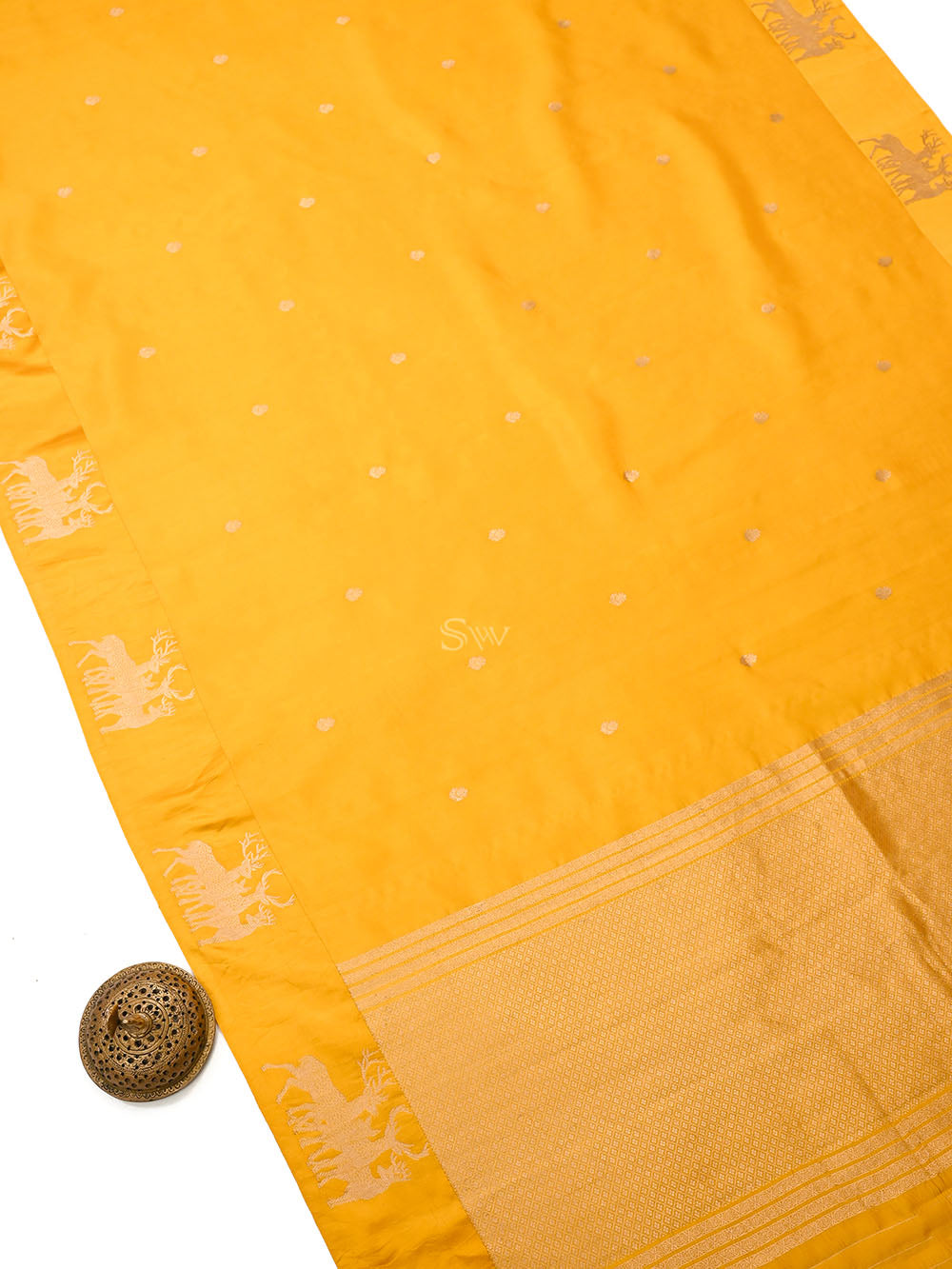 Yellow Booti Katan Silk Handloom Banarasi Saree - Sacred Weaves
