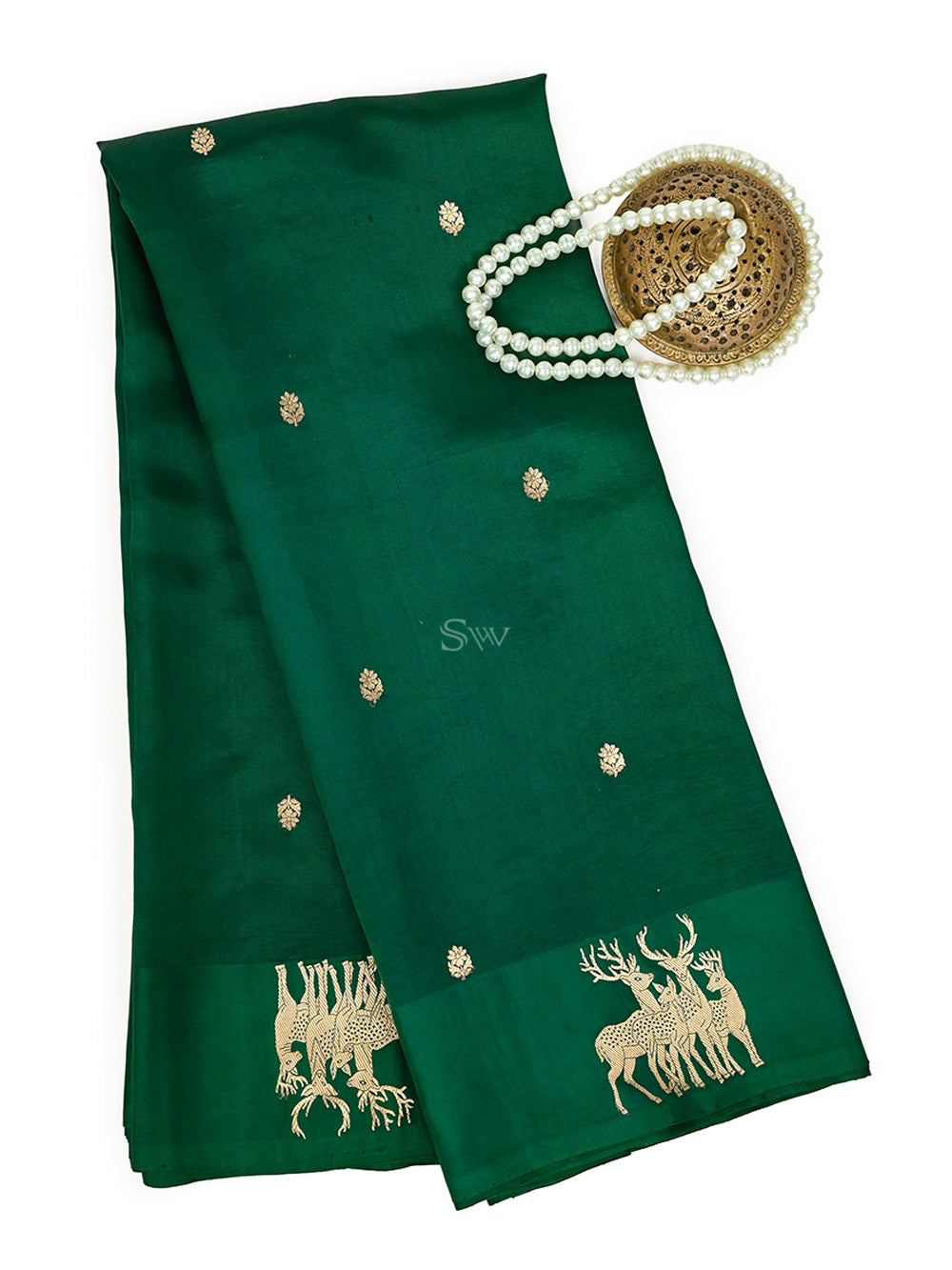 Bottle Green Booti Katan Silk Handloom Banarasi Saree - Sacred Weaves