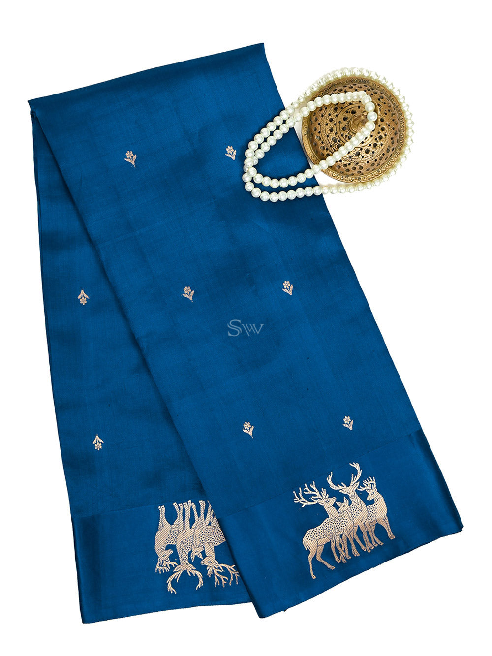 Blue Booti Katan Silk Handloom Banarasi Saree - Sacred Weaves