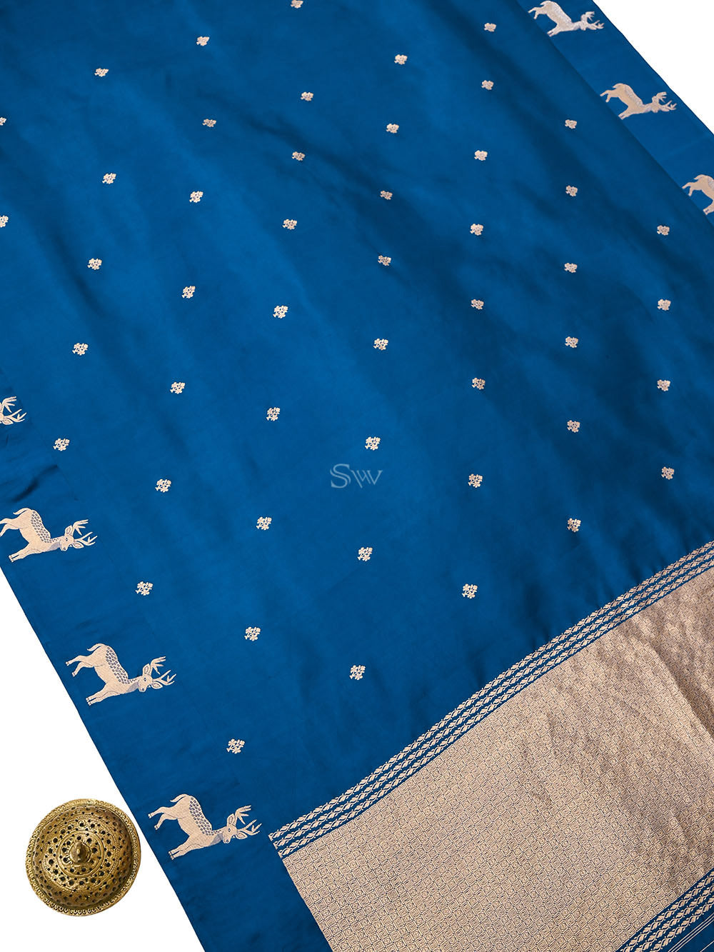 Blue Booti Katan Silk Handloom Banarasi Saree - Sacred Weaves