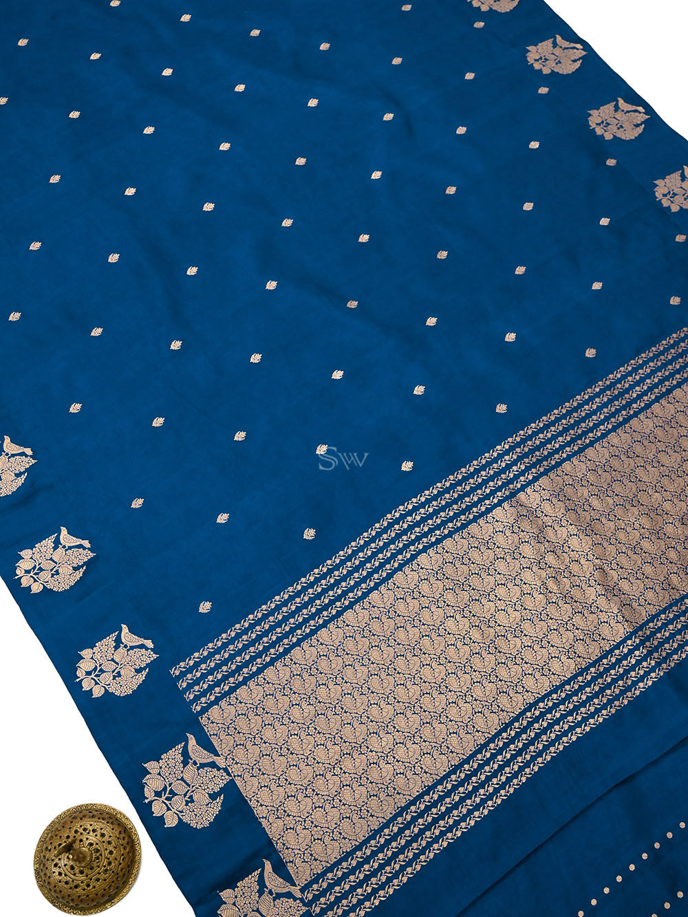 Blue Booti Katan Silk Handloom Banarasi Saree - Sacred Weaves