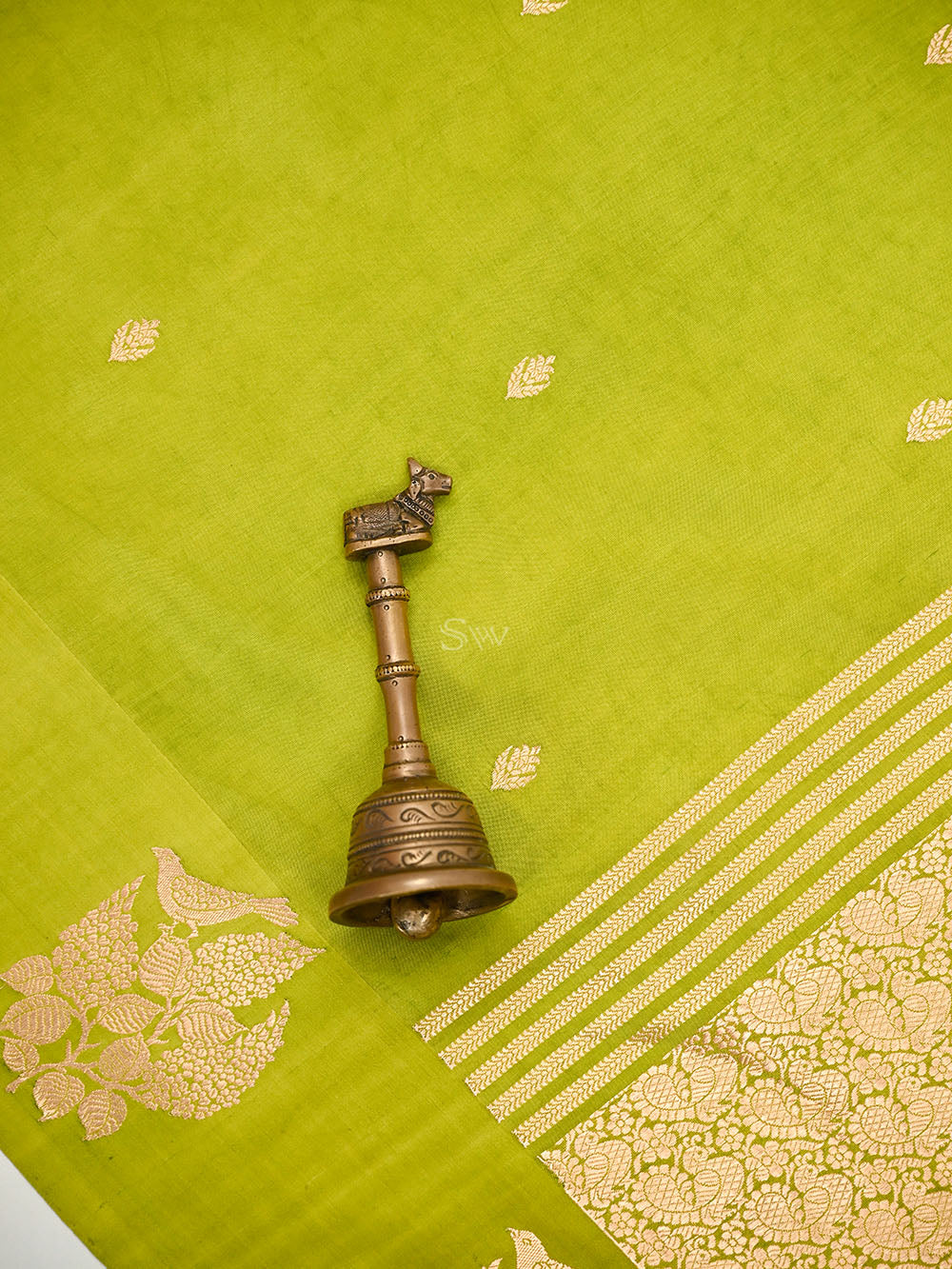 Parrot Green Booti Katan Silk Handloom Banarasi Saree - Sacred Weaves