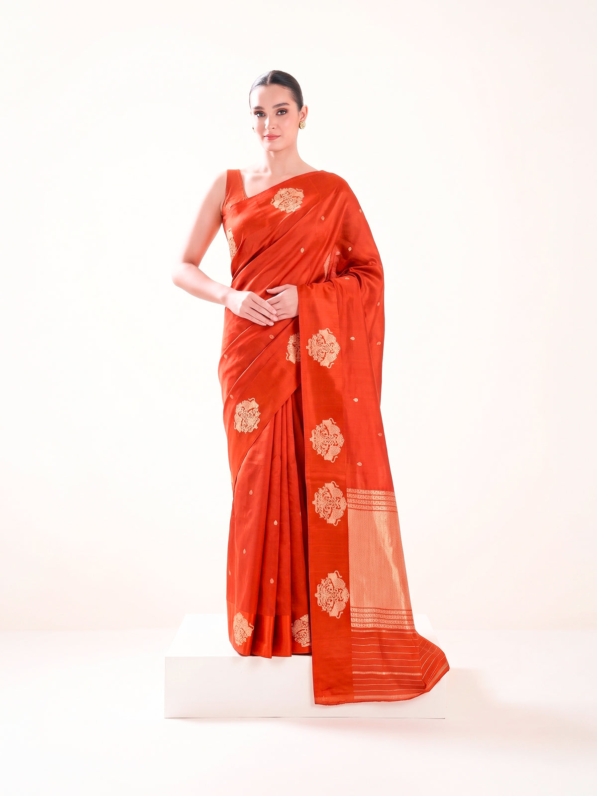 Orange Gold Booti Pure Handloom Banarasi Soft Silk Saree - Sacred Weaes