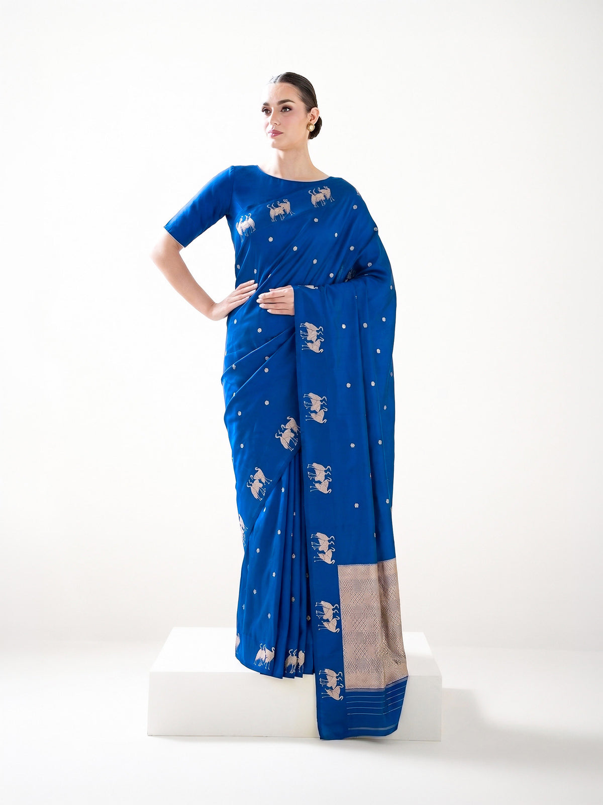Blue Booti Katan Silk Handloom Banarasi Saree - Sacred Weaves
