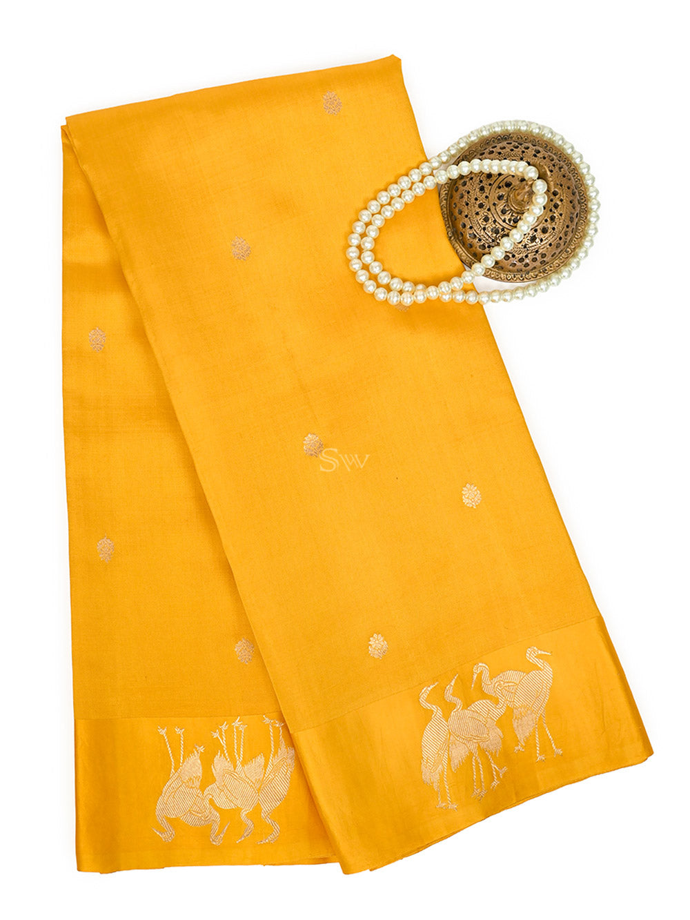 Yellow Booti Katan Silk Handloom Banarasi Saree - Sacred Weaves