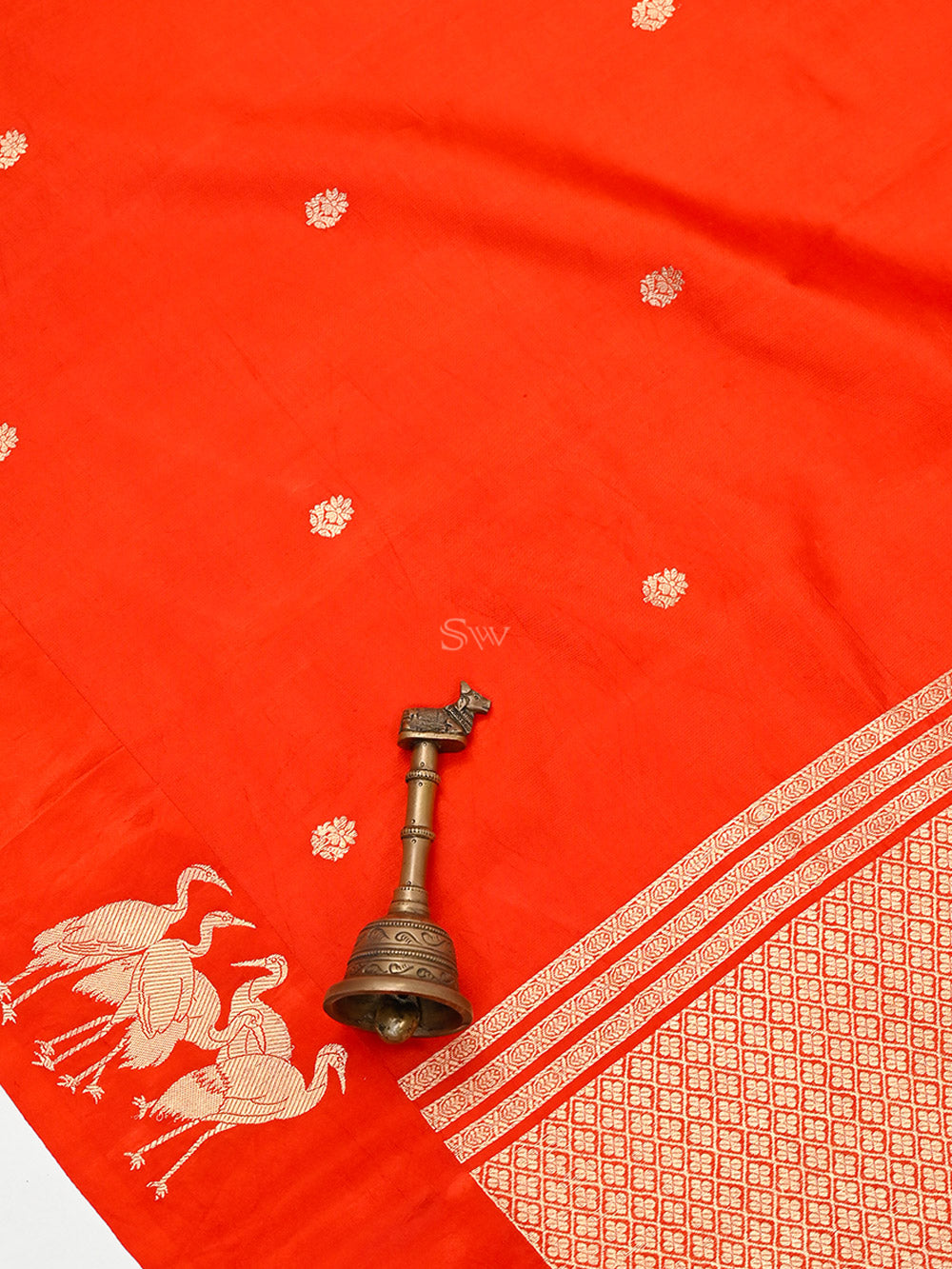 Dark Orange Booti Katan Silk Handloom Banarasi Saree - Sacred Weaves