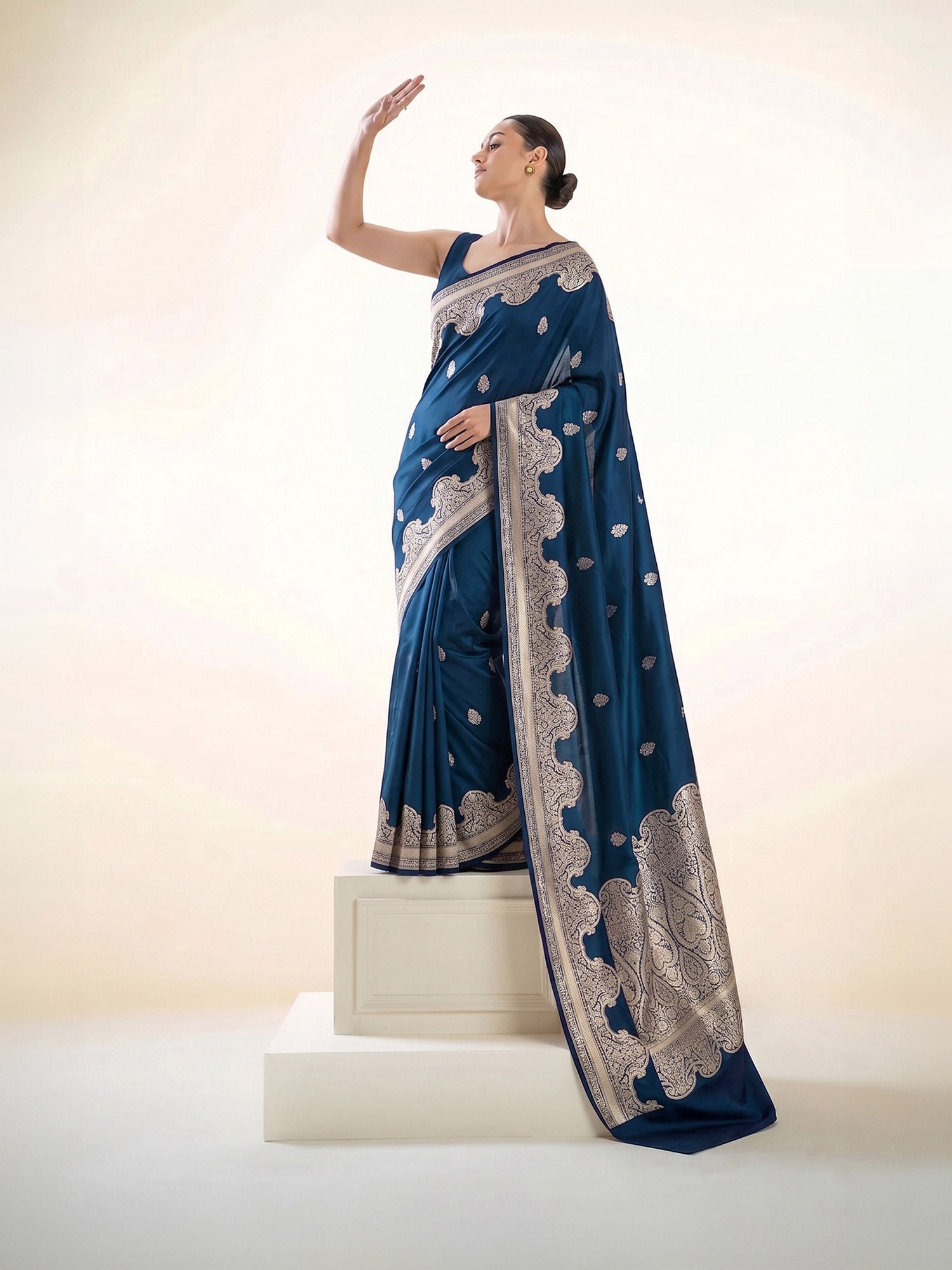 Midnight Blue Booti Satin Silk Handloom Banarasi Saree - Sacred Weaves