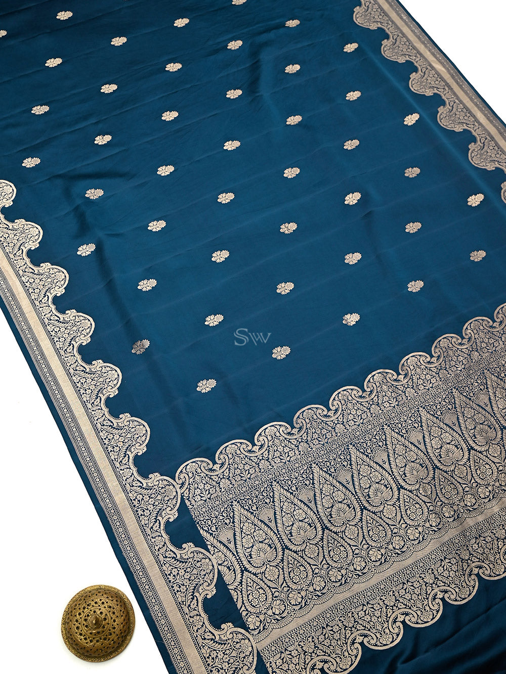 Midnight Blue Booti Satin Silk Handloom Banarasi Saree - Sacred Weaves