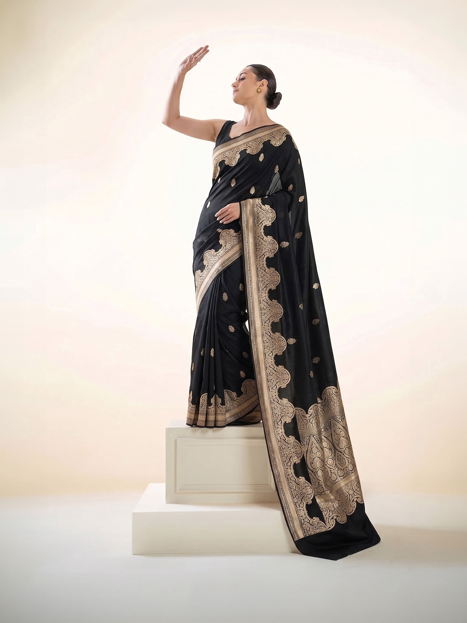 Black Booti Satin Silk Handloom Banarasi Saree - Sacred Weaves