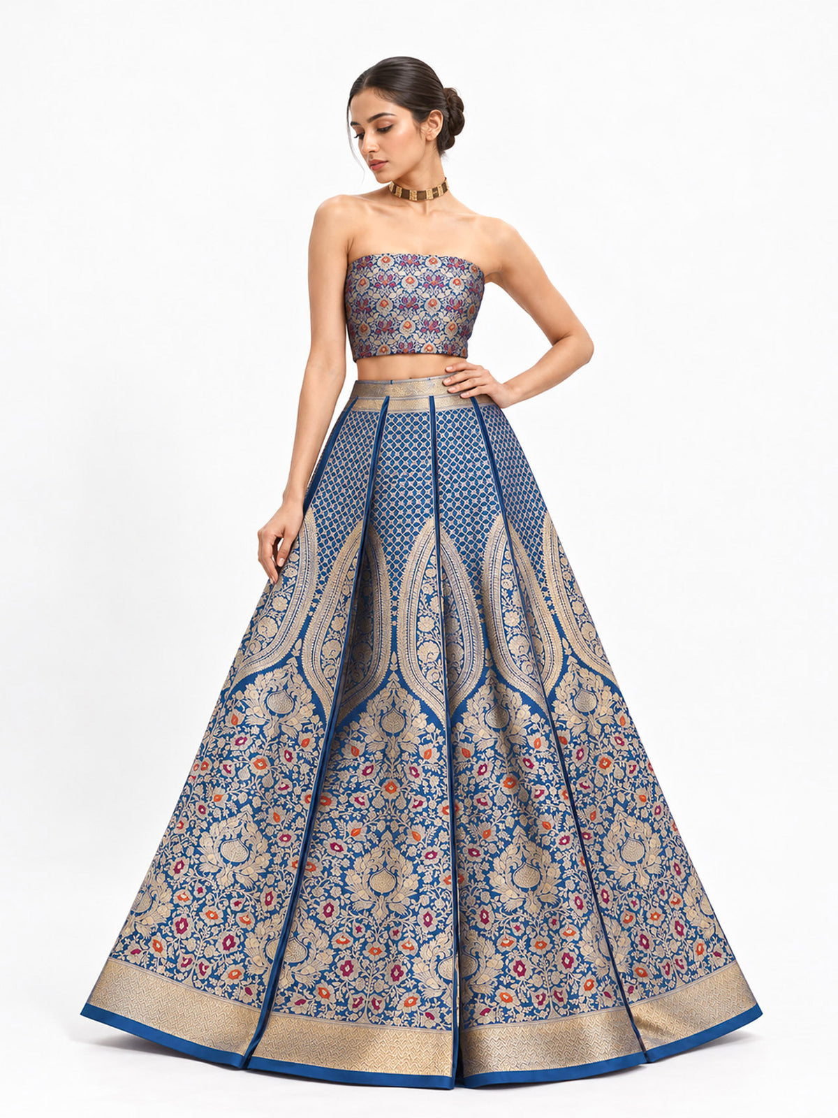 Midnight Blue Meenakari Silk Handloom Banarasi Lehenga - Sacred Weaves