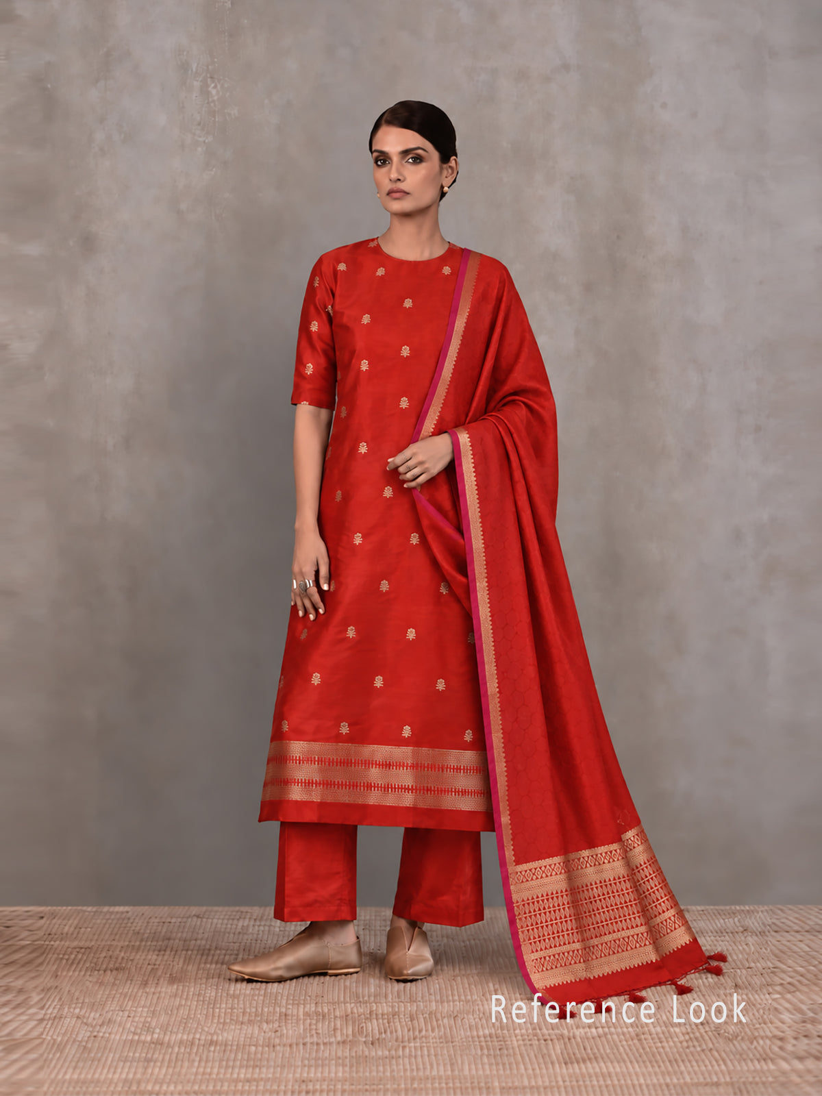 Red Floral Booti Satin Silk Handloom Banarasi Suit - Sacred Weaves