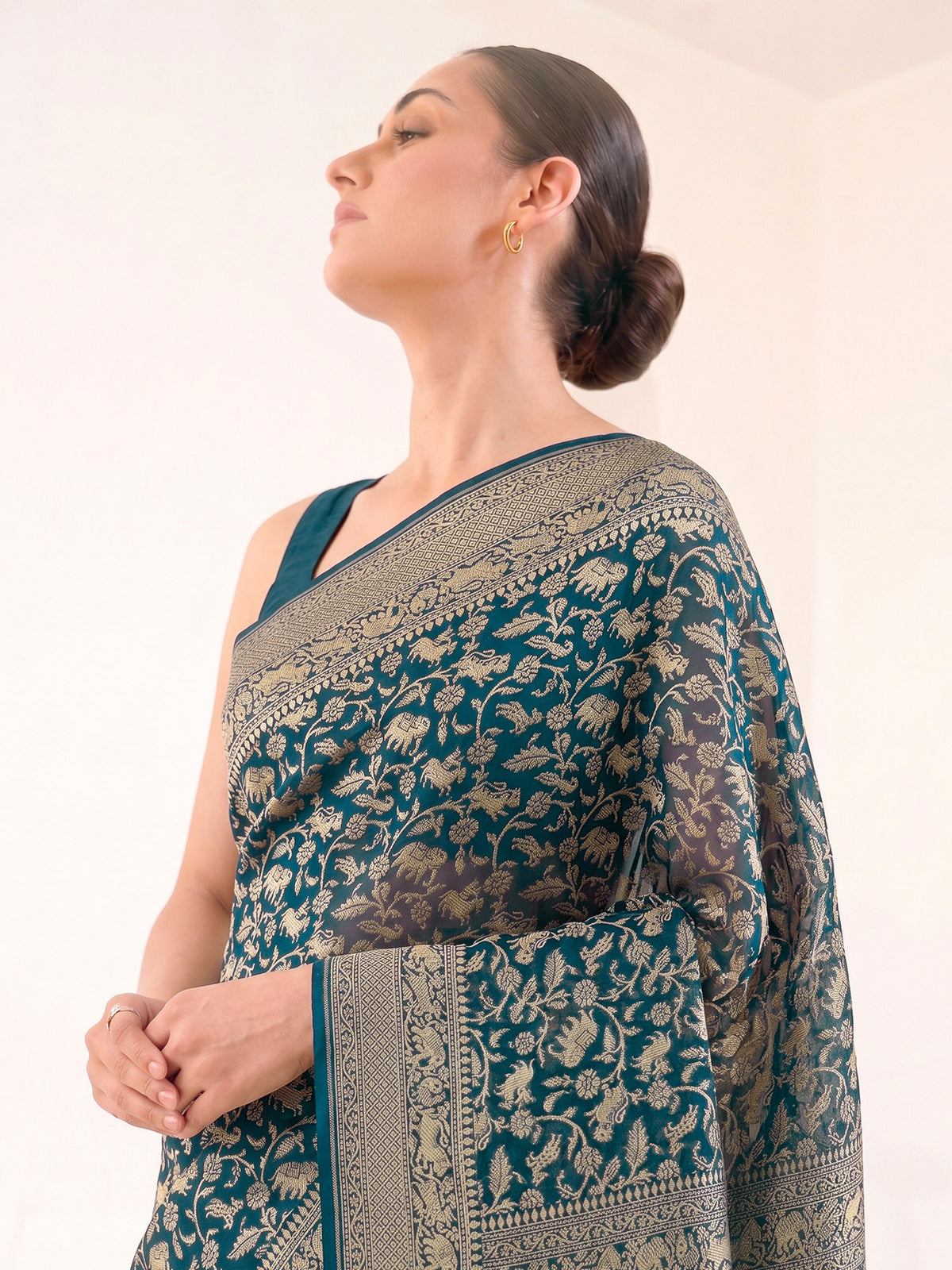 Midnight Blue Shikargah Zari Jaal Khaddi Georgette Handloom Banarasi Saree - Sacred Weaves